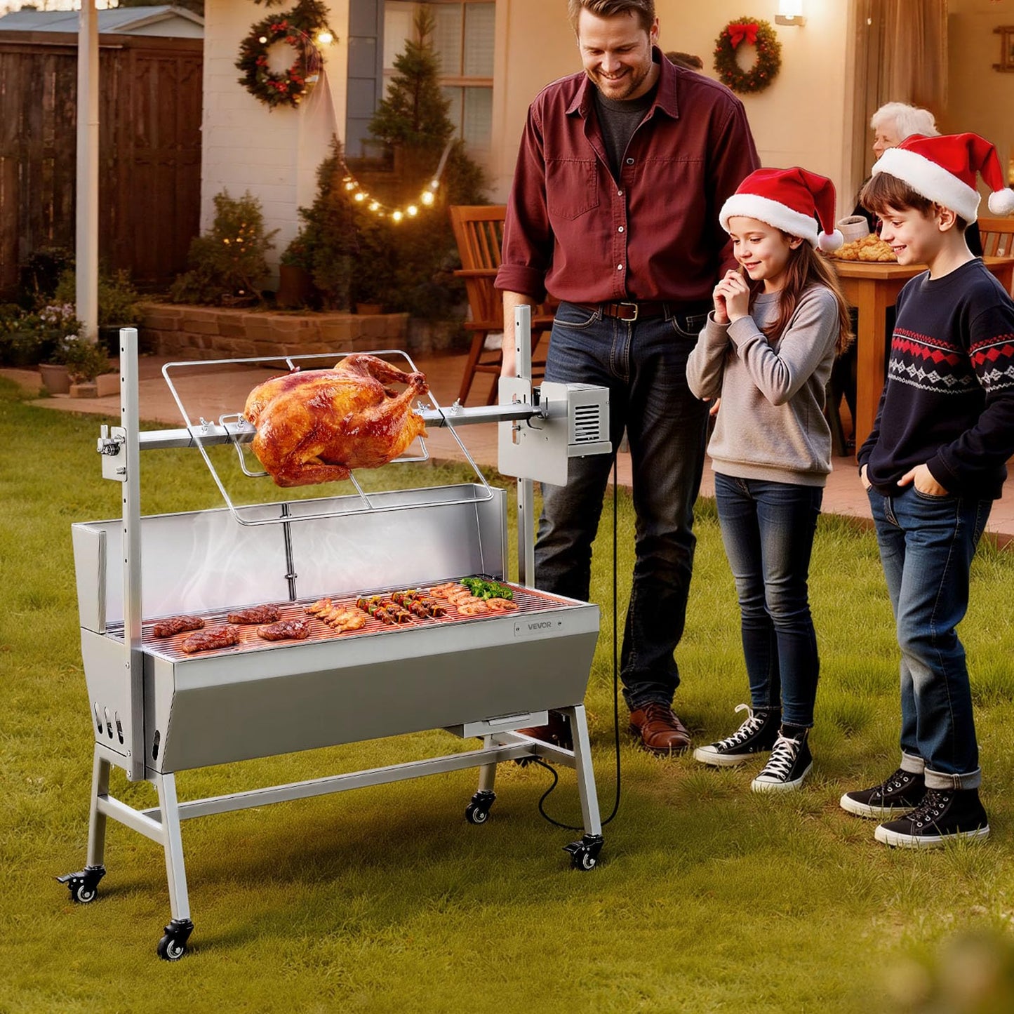 VEVOR Rotisserie Grill, 37in BBQ Outdoor Pig & Lamb Spit Roaster, Charcoal Spit Roaster with 132 LBS Load Capacity & 7-Level Height, Stainless Steel Electric Rotisserie Grill Kit for Camping Outdoor