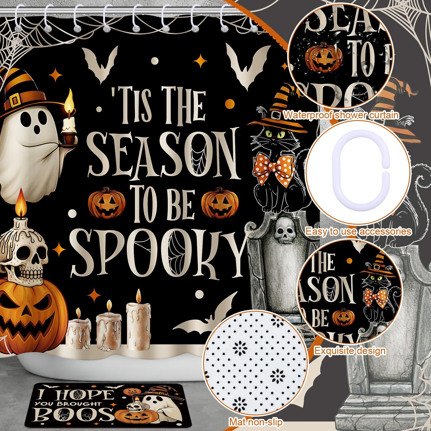 HunnmingRe 6 Pcs Halloween Bathroom Decor, Spooky Ghost Shower Curtain Sets