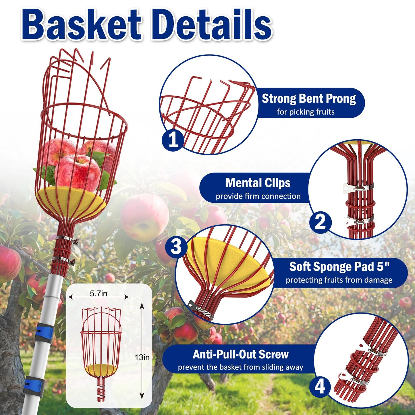 Karveden 26FT Reach Fruit Picker Pole with Basket Telescoping, 5-20FT Extendable Aluminum Apple Picker for Picking Avocados, Figs, Mangoes, Citrus Fruits - Durable Harvesting Fruit Catcher for Trees