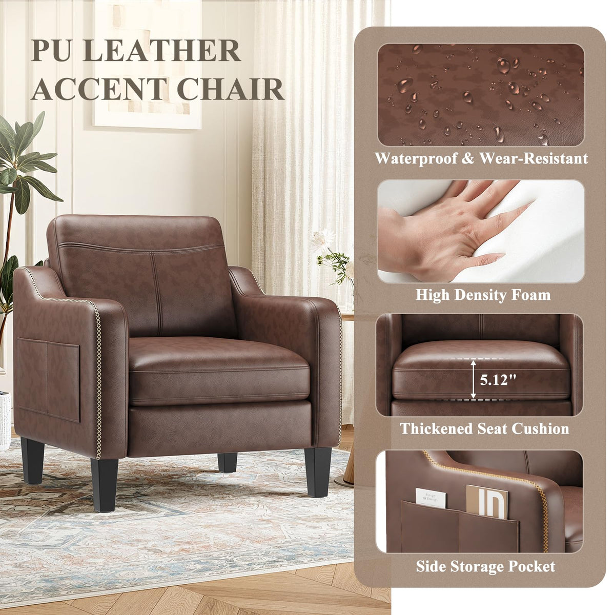 MALOL PU Leather Accent Chair Set of 2 with Wood Frame, Chocolate Brown