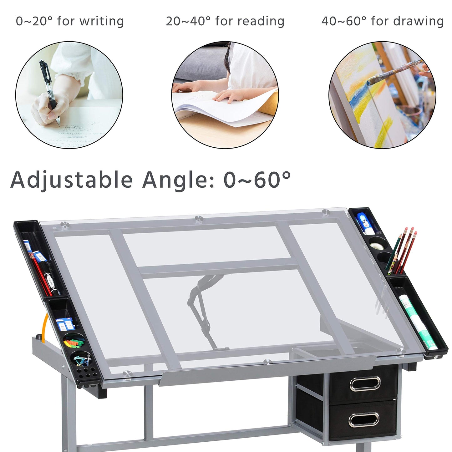 Yaheetech Glass Drafting Table with Storage, Adjustable Art Drawing Desk