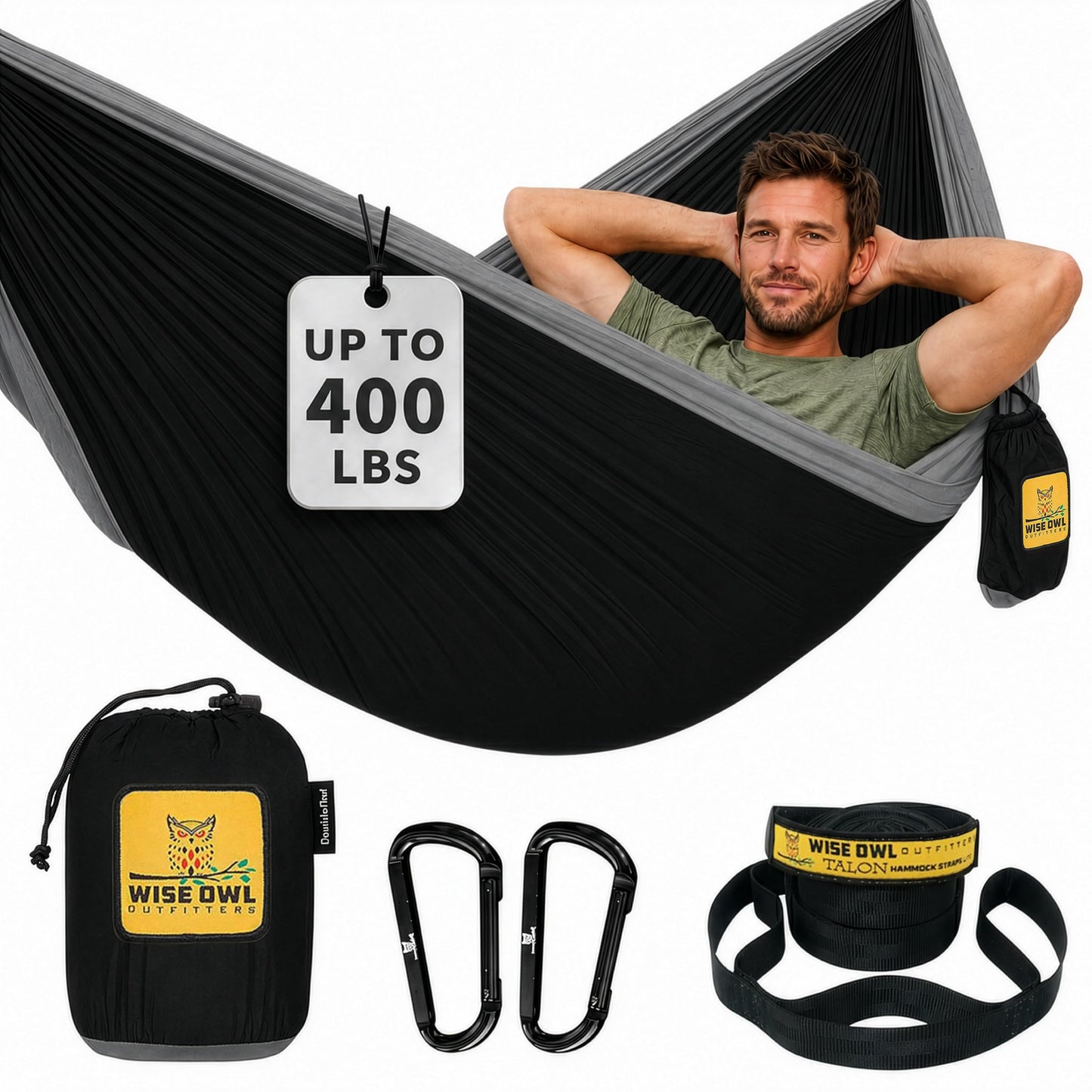 Wise Owl Outfitters Hammock for Camping Single Hammocks Gear for The Outdoors Backpacking Survival or Travel - Portable Lightweight Parachute Nylon SO Black & Grey