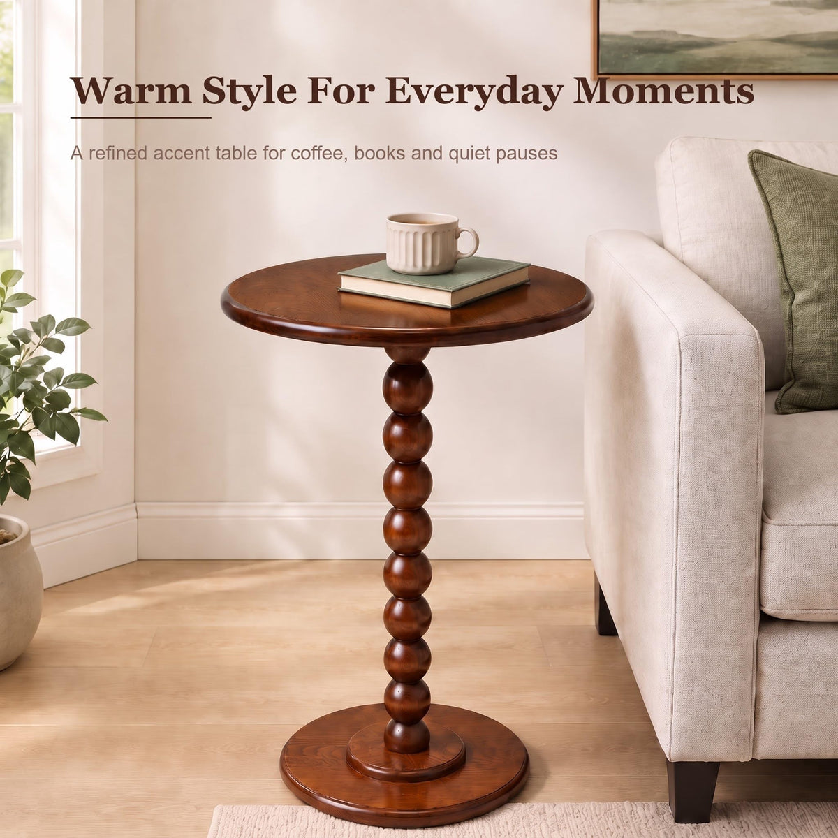 Sonderzone Solid Wood Pedestal Side Table, 16" Round End Table, Walnut