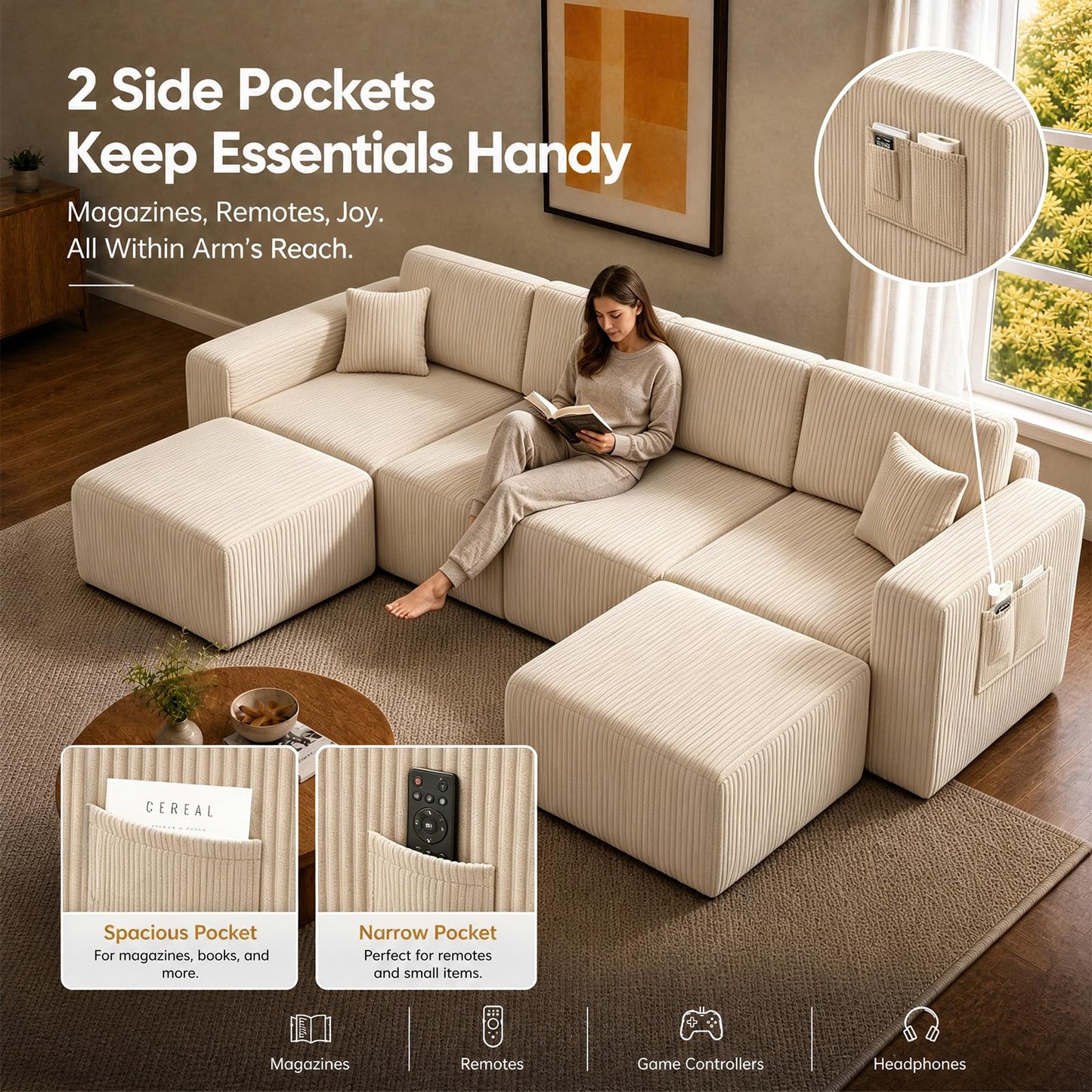 130'' Modular Sectional Couches for Living Room, Deep Seat Corduroy Convertible L Shaped Sofa with 2 Ottomans, Removable Cover, Side Storage Pockets & Adjustable Back Pillows, Beige