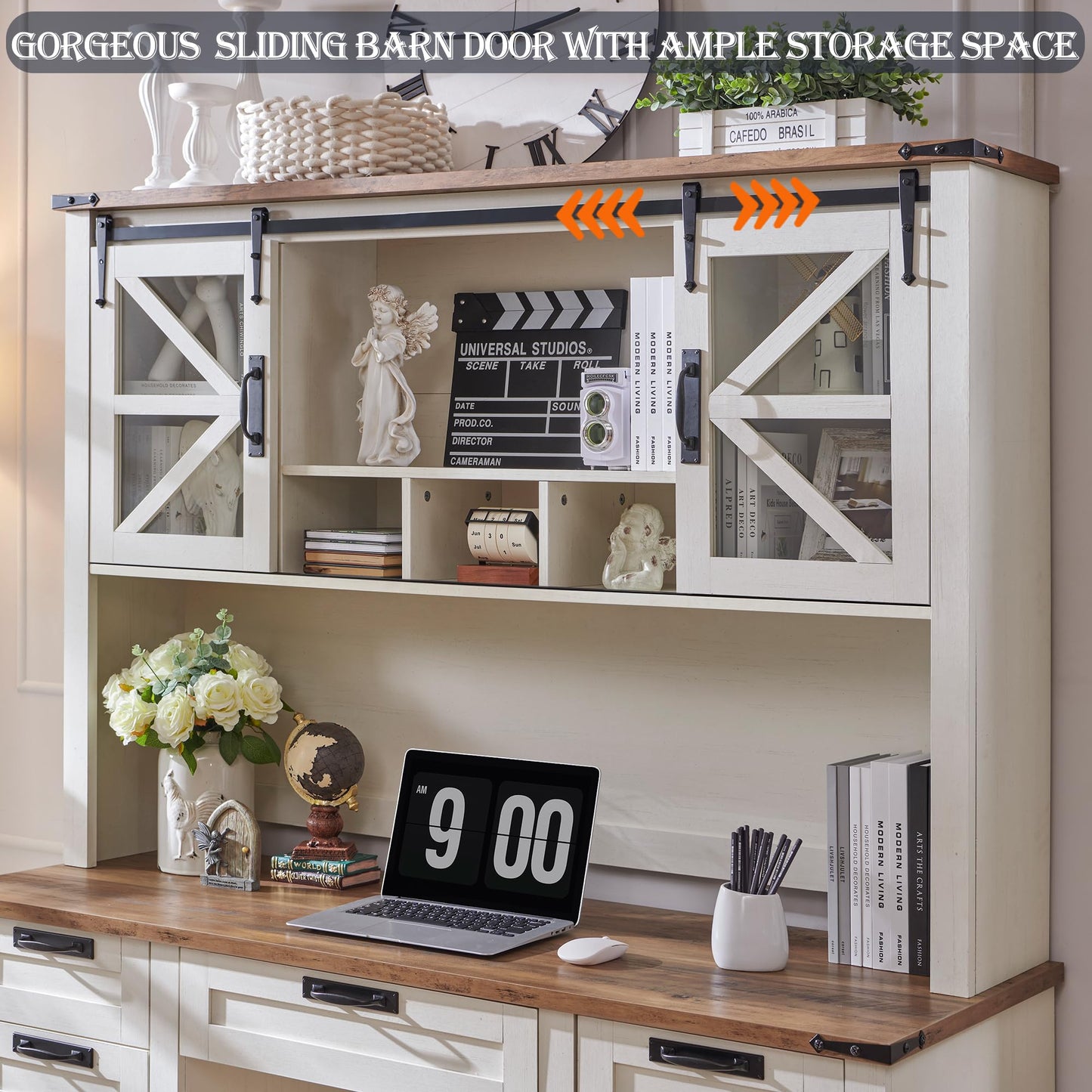RedLemon 60" Farmhouse L Shaped Desk with Hutch, Wood Home Office Executive Desk with Drawer, Charging Station, File Drawer, Storage Cabinet, Rustic Writing Computer Desk (Antique White)