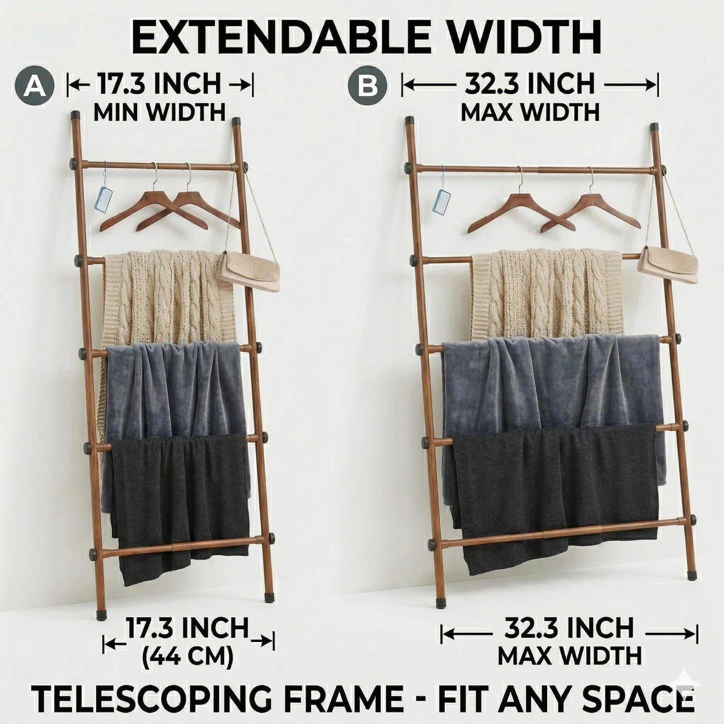 SIBRAD Expandable Blanket Ladder for Living Room, Adjustable Width (17.3"-32.3") Tall Metal Quilt Rack Wall Leaning, Rustic Brown Wood Grain 5-Tier Blanket Holder, Heavy Duty 45 Lbs Capacity