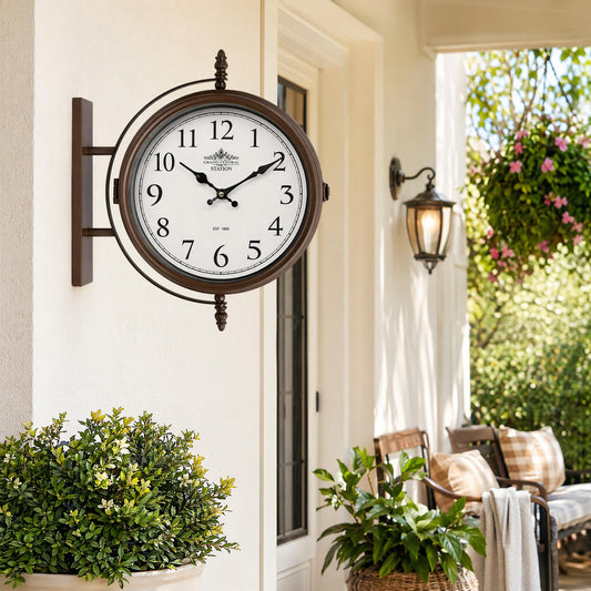 EMAX HOME 15 Inch Vintage Double-Sided Wall Clock, Brown Metal Frame with White Dial, Silent Quartz Movement, Decorative Station Clock for Indoor/Outdoor Patio, Living Room, Hallway, or Entryway