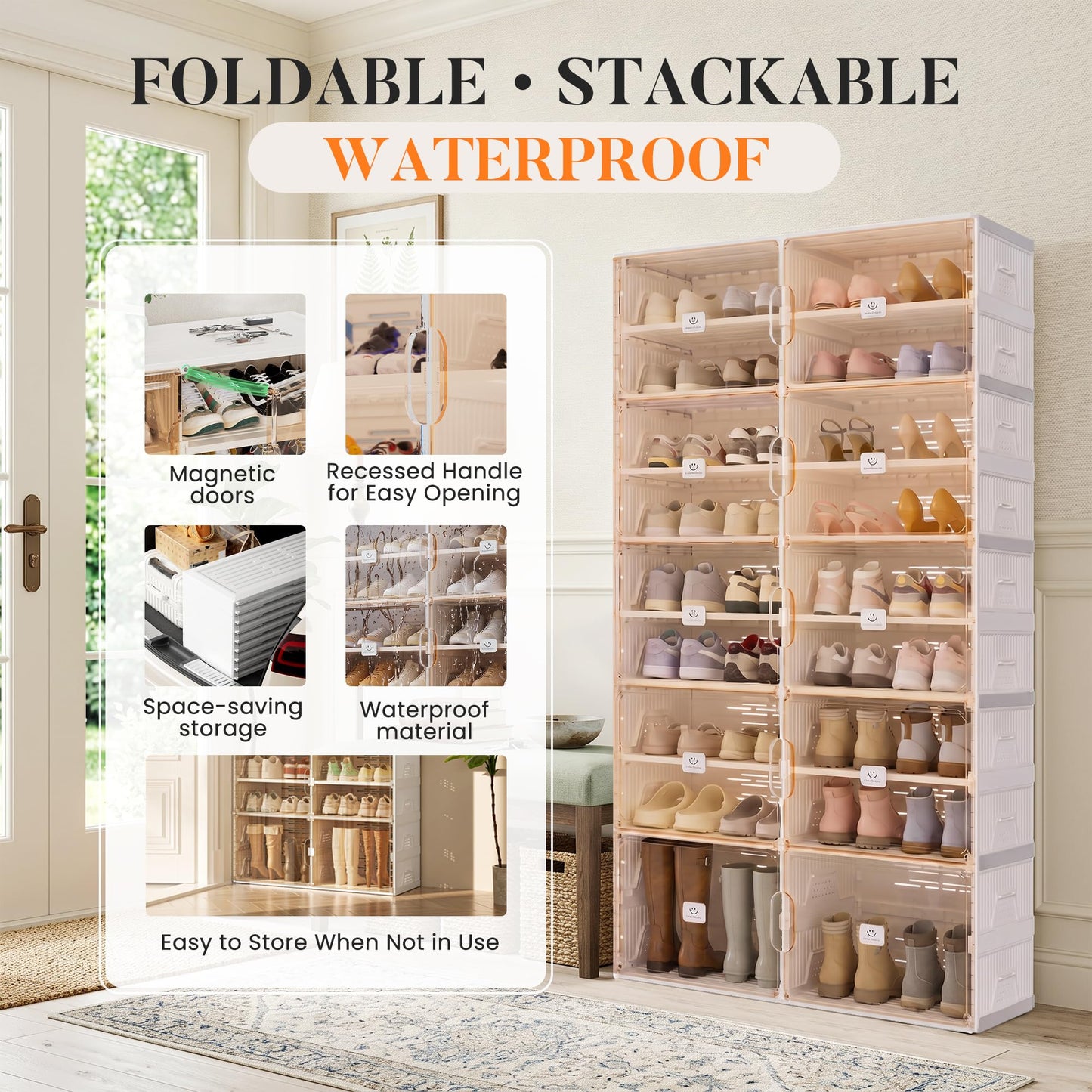 SPIEEK Foldable Shoe Rack Organizer for Entryway with Clear Magnetic Doors - Large Capacity Shoe Cabinet for Boots, Sneakers & All Shoes, Easy Assembly, White 9-Tier 36 Pairs