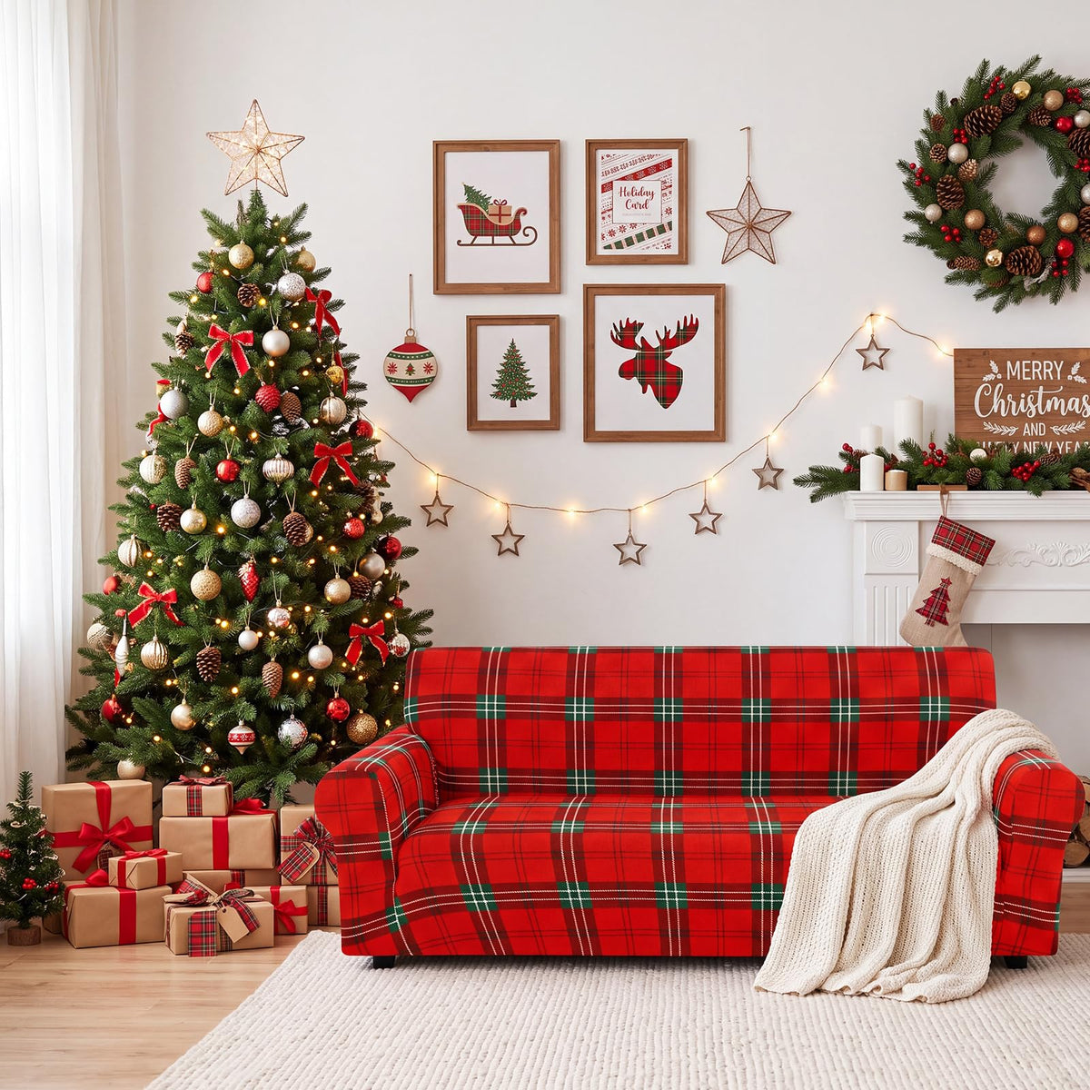 Peryiter 3 Pcs Milk Silk Spandex Couch Cover, Red Green Plaid