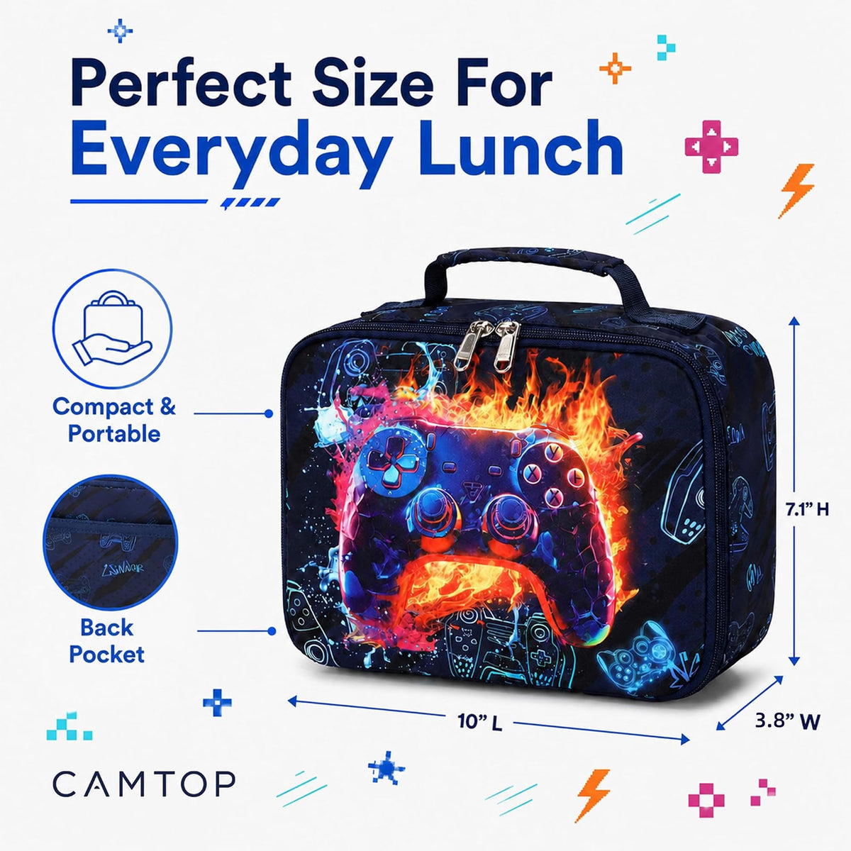 CAMTOP Lunch Box Kids Boys Insulated Lunch Cooler Bag Reusable Lunch Tote Kit for School Travel，Black