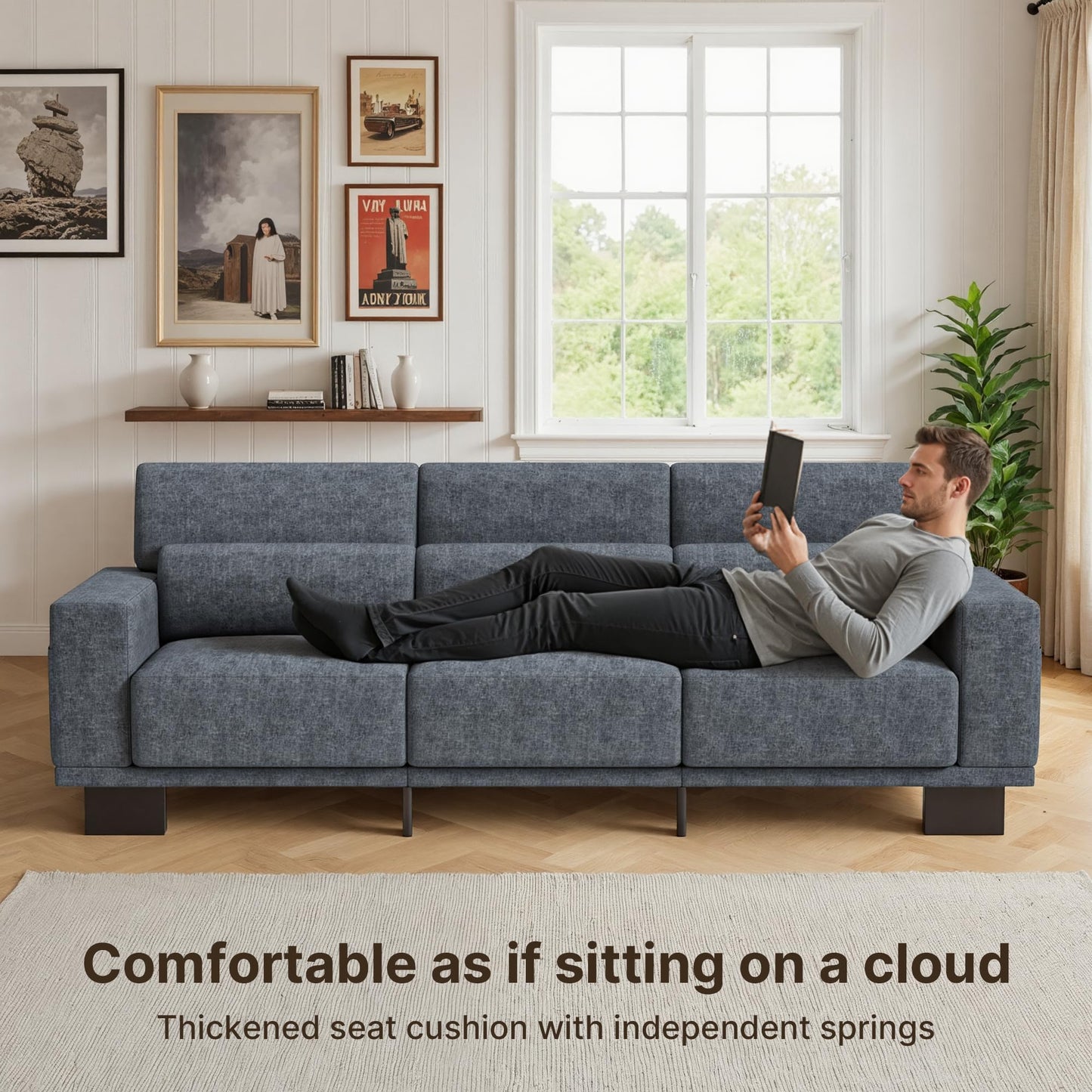 Gizoon 89 Inch Modern Sofa, 3-Seater Chenille Couch with Wide Armrests & Deep Cushions, for Living Room, Bedroom and Apartment, Dark Grey