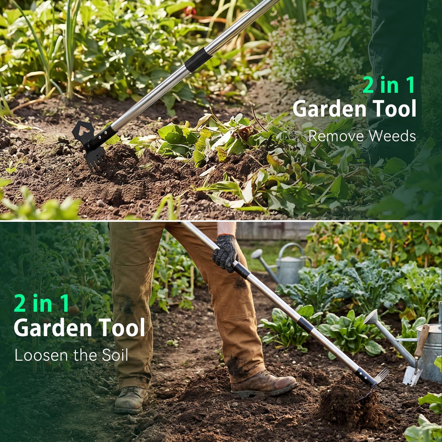 60" Weed Puller Tool with Long Handle, 2-in-1 Weed Rake & Garden Hoe, Stand Up Weeding Tools Gardening, Heavy Duty Steel Weeder Tool, Manual Uprooting Weed Remover Tool for Yard, Lawn, Patio, Garden