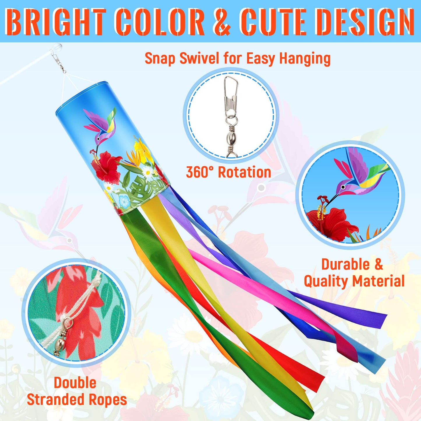 Newwiee 4 Pcs Wind Socks for Outside Heavy Duty 40 Inches Rip-Stop Polyester Decorative Spring Summer Hummingbird Windsock with Streamers Hanging Decor for Wall Tree Front Patio Lawn Garden