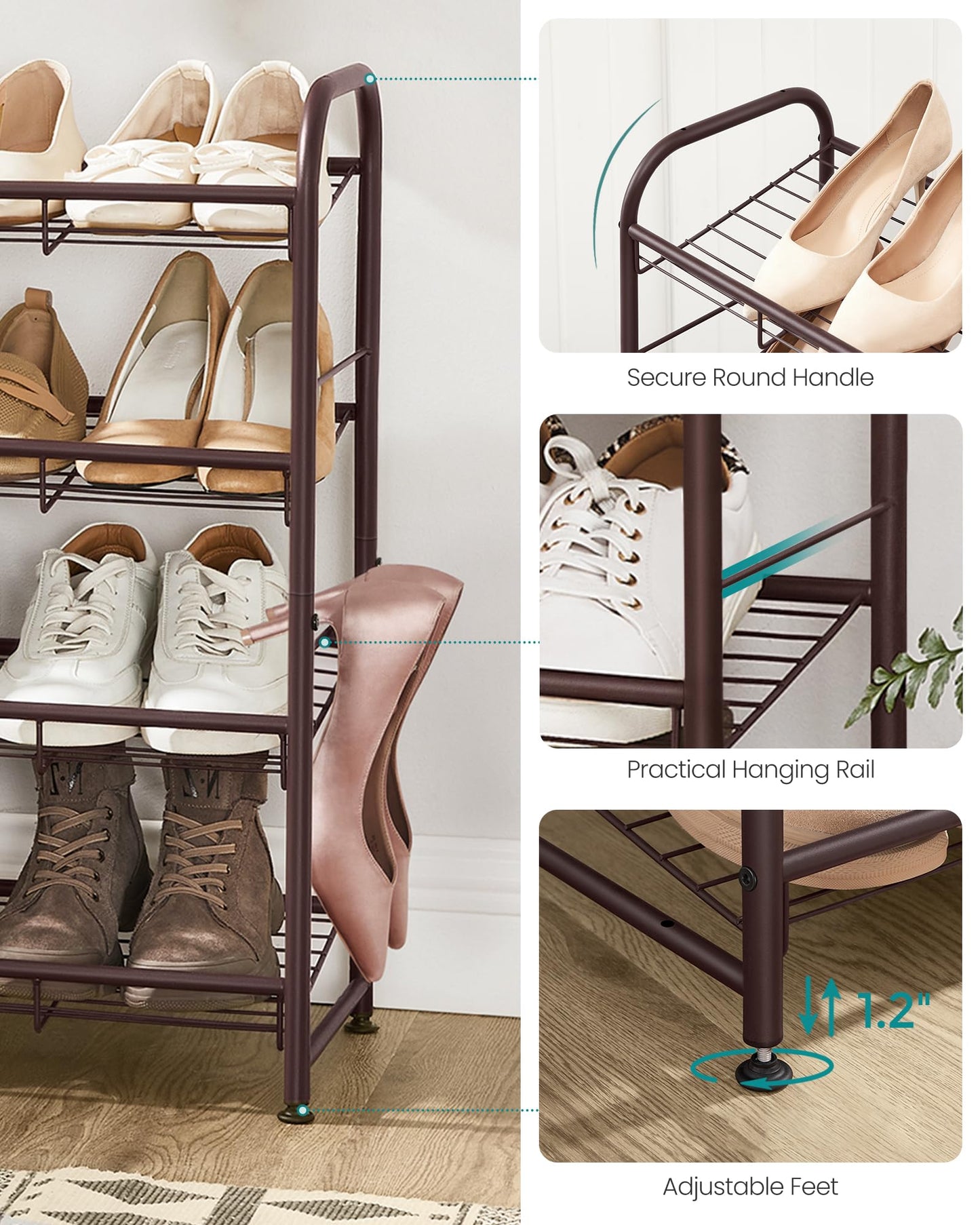 SONGMICS Stackable Shoe Rack, 4 Tier Metal Shoes Rack Storage Shelf, Holds up to 16 Pairs Shoes, Adjustable Slanted Shelves Tower Organizer for Closet Entryway Small Spaces, Bronze