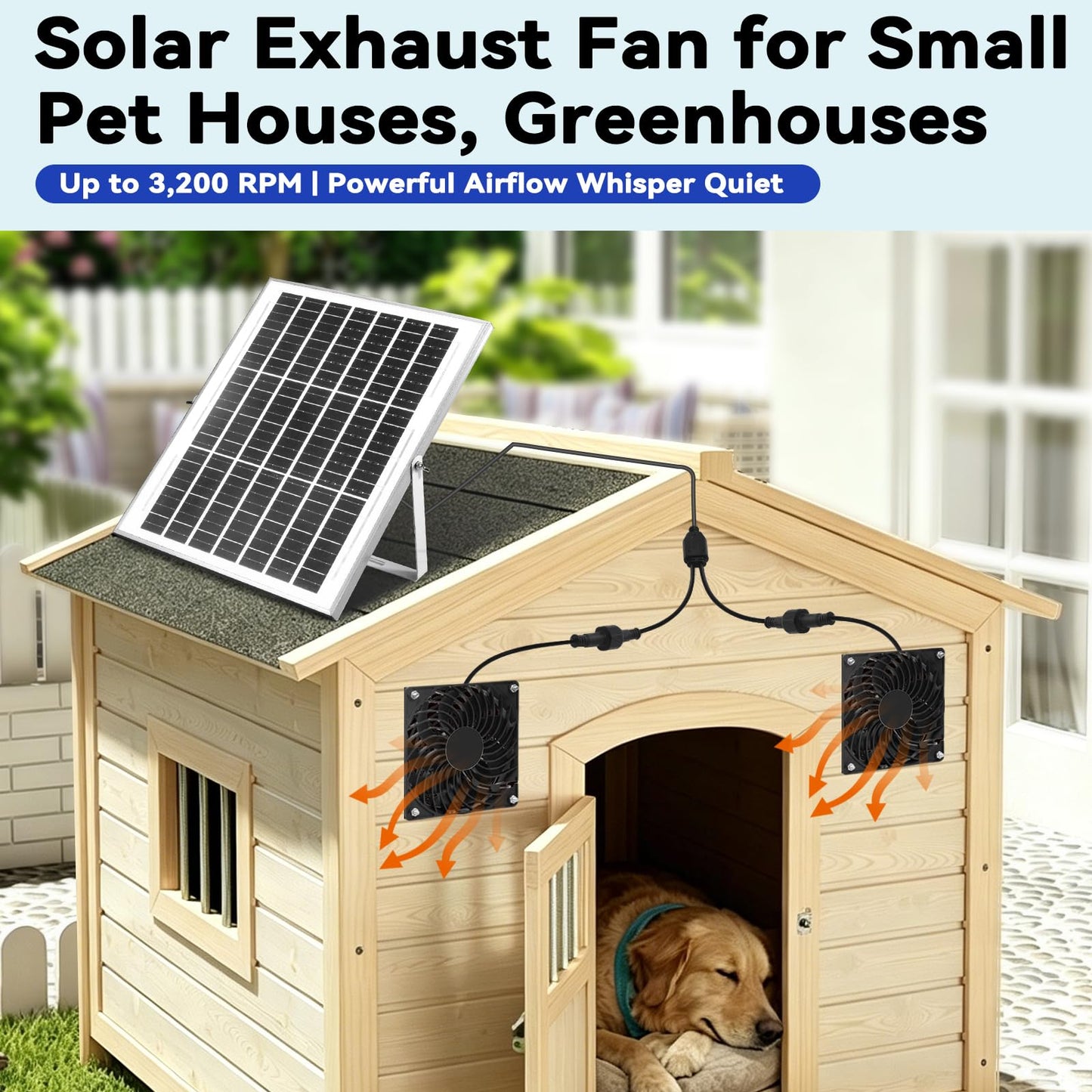 Solar Powered Fan Kit, Weatherproofed Exhaust Fan Air Ventilation Equipment with 25W Solar Panel and 2 High-Speed 5 Inch Dual Fans, Kit for Outside Chicken Coops, Pet House, Attics, Greenhouses, Shed