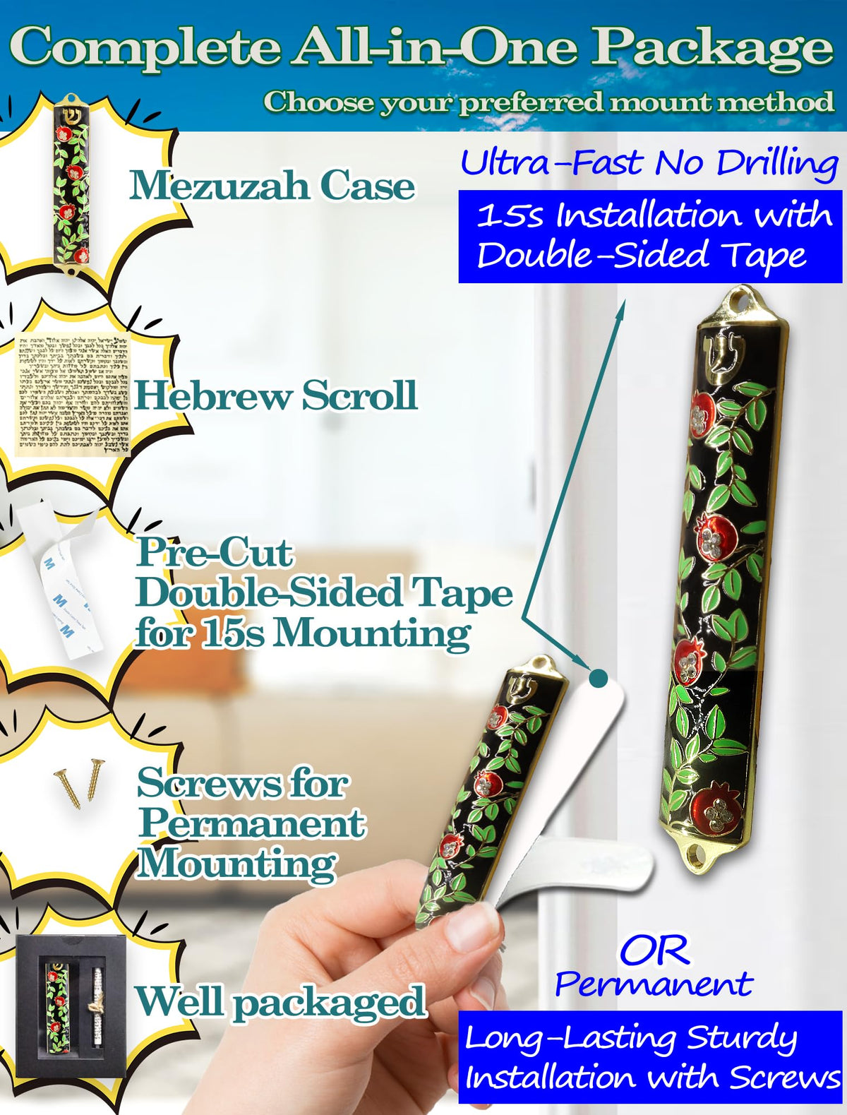 Zivosely Enamel Mezuzah with Scroll for Door, Easy 2-Way Install, 4”