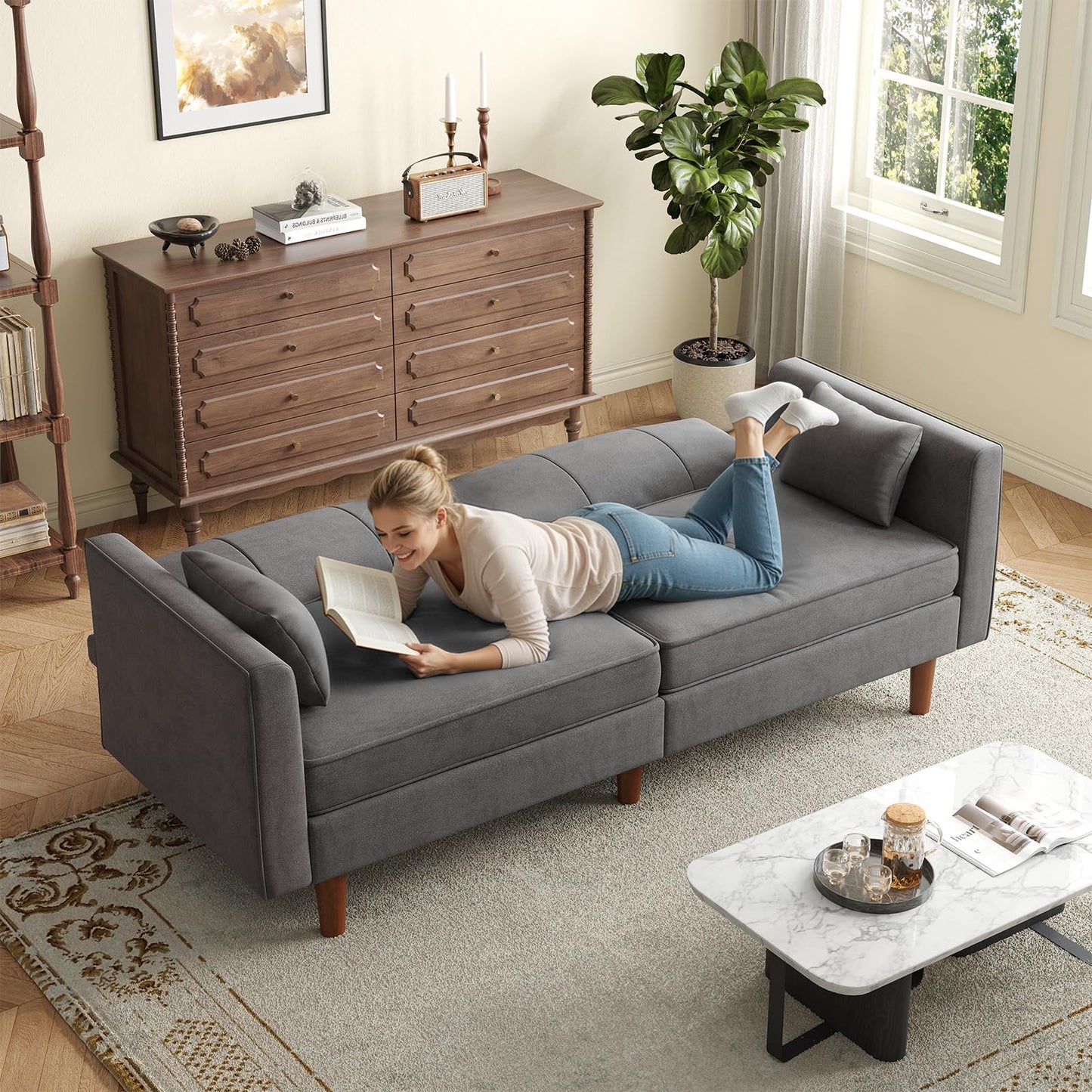 ONBRILL 71" Futon Sofa Bed,Convertible Sleeper Couch with Adjustable Backrest, Folding Loveseat for Apartment, Living Room, Office, Faux Leather,Grey