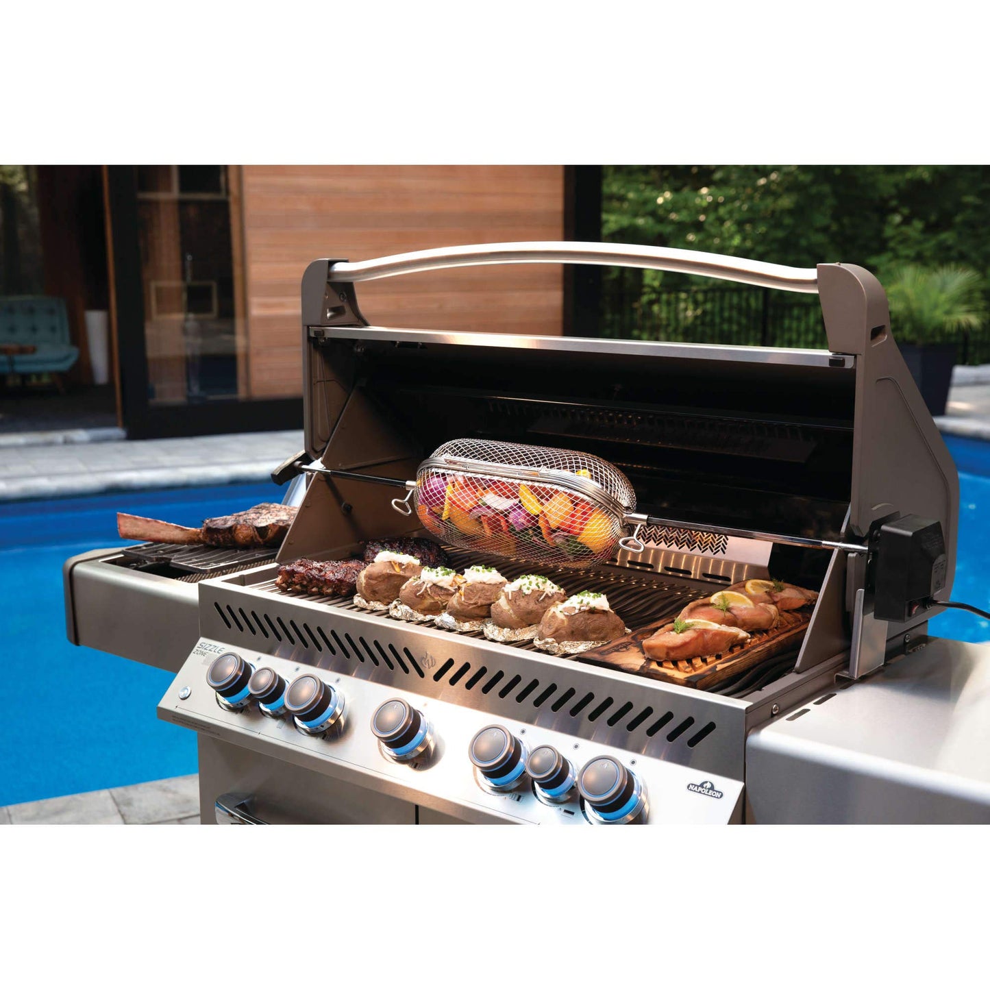 Napoleon Rotisserie Grill Basket - Stainless Steel, Fits Standard Spit Rods, Best For Wings, Fries And Roasted Veggies