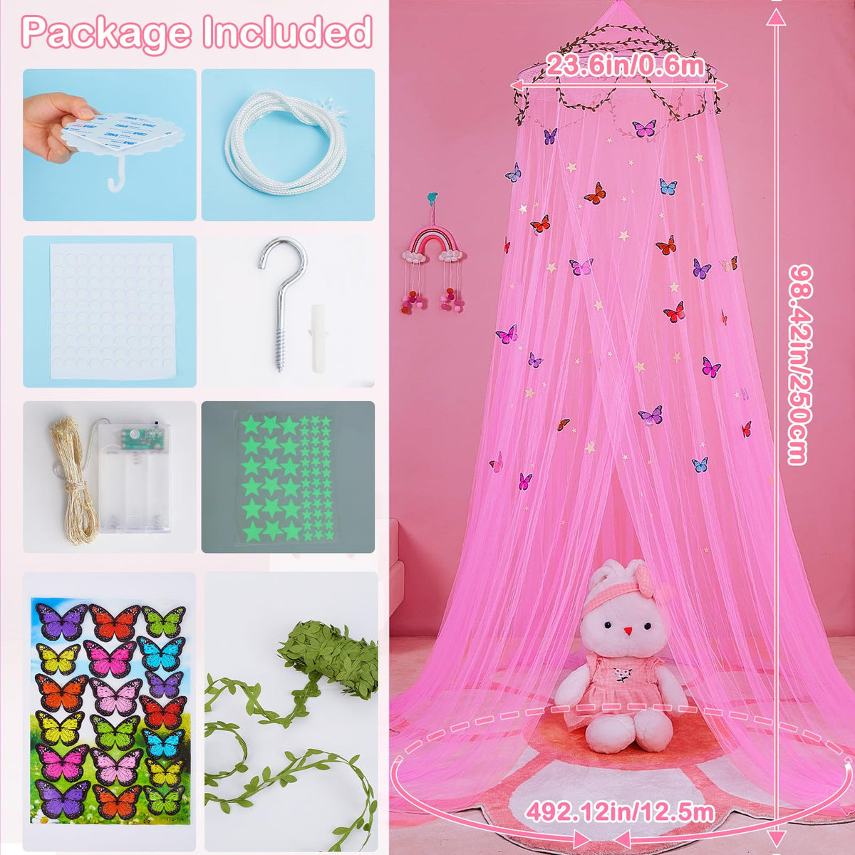 FIOBEE Bed Canopy for Girls Room with LED Light Kids Toddler Bedroom Decor
