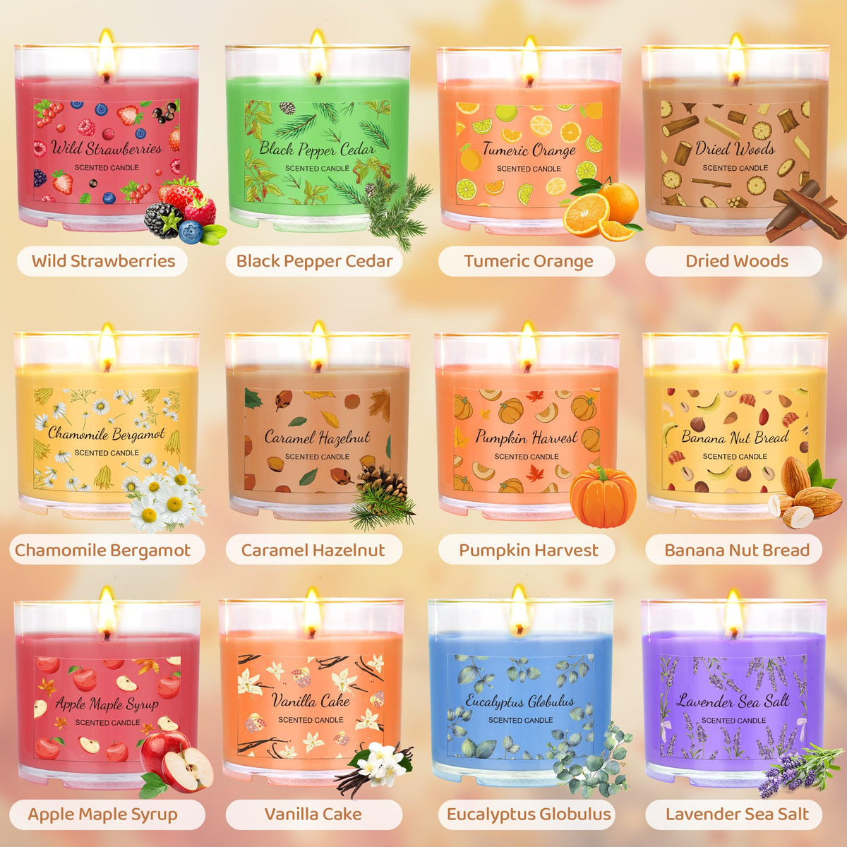 Fall Candles Bulk, 12 Pack Scented Candles for Home, Candle Set for Women, Small Soy Candle Scent of Pumpkin Vanilla Caramel Lavender, Mini Candle Gift Set for Mothers Day Birthday Christmas Birthday
