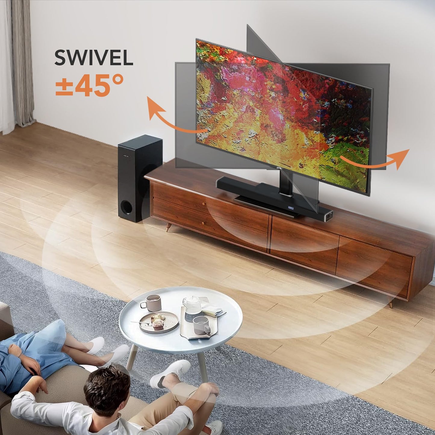 Universal Swivel TV/Table Top TV Stand for 19 to 43 inch TVs with 90 Degree Swivel, 4 Level Height Adjustable, Heavy Duty Tempered Glass Base, Holds up to 99LBS HT02B-001