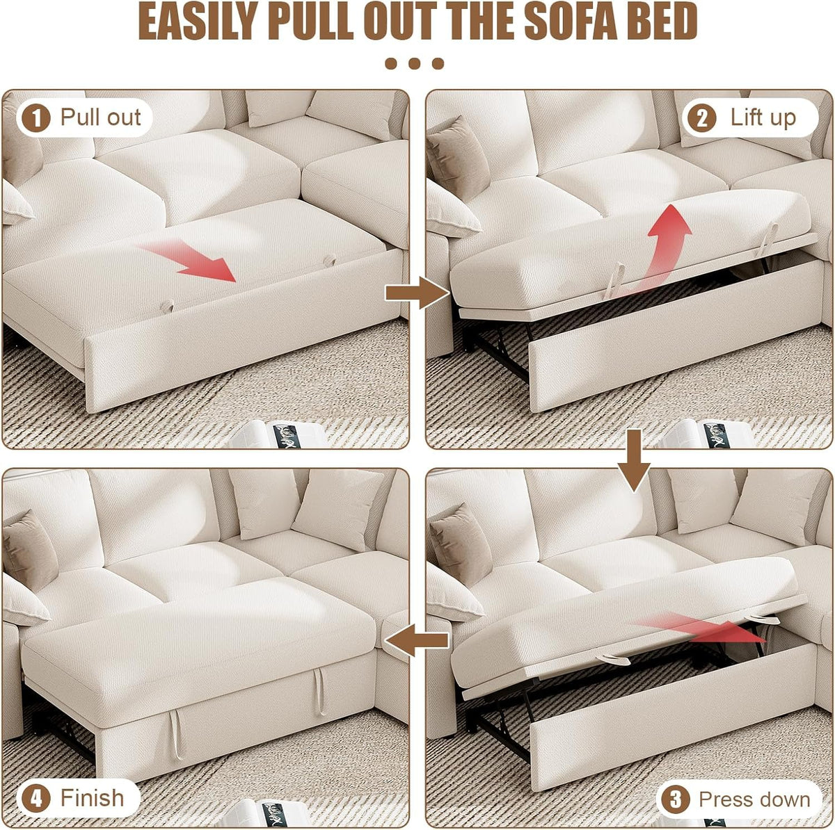 L  Sleeper Sofa 109" Modular Sectional Sofa with Pull Out Bed, Beige