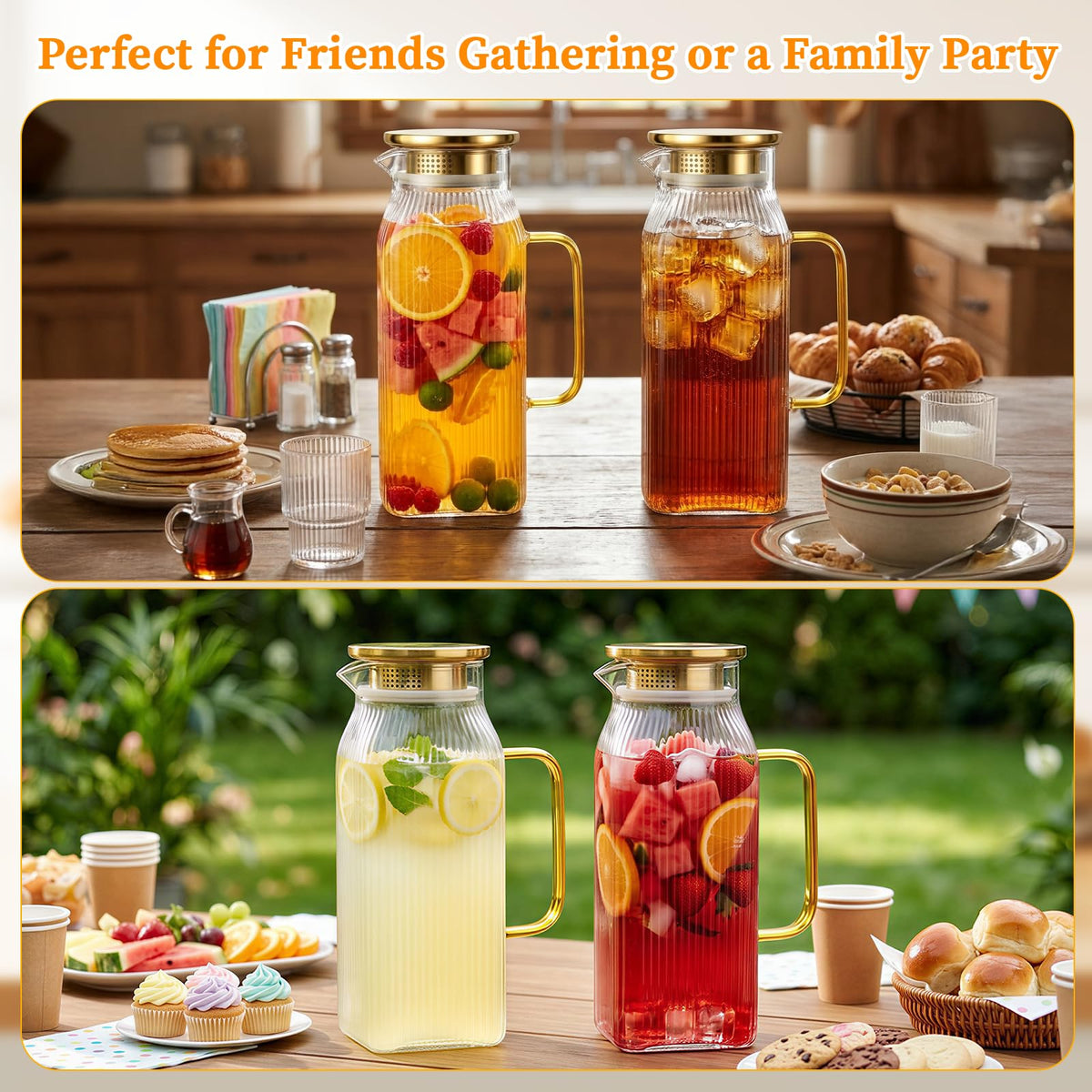2 Pack Glass Pitchers with Gold Lids, 68 oz/2 Liter Sun Tea Pitcher, Square Pitcher with Vertical Stripes and Handle, Heat-Resistant, Suitable for Refrigerator Storage, Tea and Beverage Container