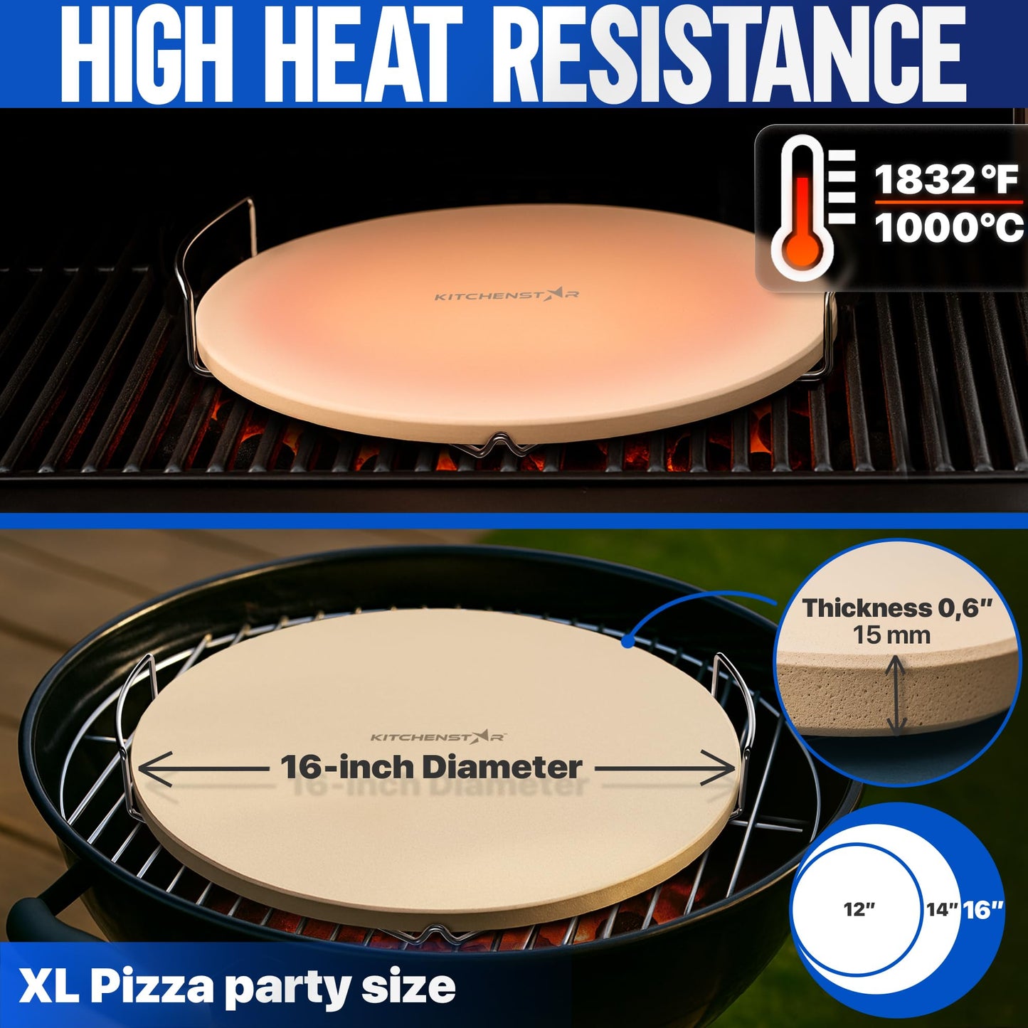 KitchenStar 16-inch Pizza Stone for Oven and BBQ Grill with Handles, Round, 5/8" Thick - Natural Cordierite, 1800 °F Resistant, Baking Stone Set with Stainless Steel Rack & Plastic Scraper Tool