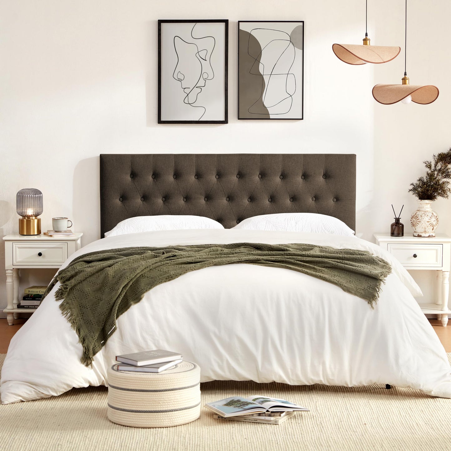 Huatean Home Tufted Upholstered Headboard California King, Solid Wood Head Board with Durable Metal Legs, Adjustable Height Bed headboard from 37” to 51” Fabric Headboard in Button Design, Chocolate