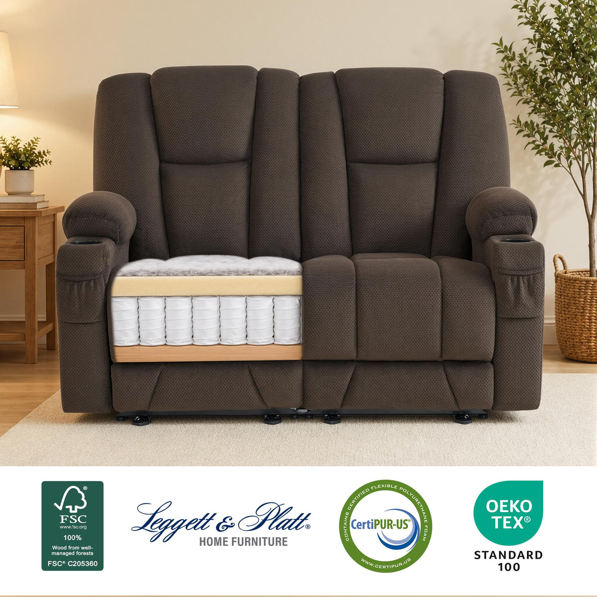 MCombo 57 in Power Reclining Loveseat with Massage and Heat 6034M1 (Brown)