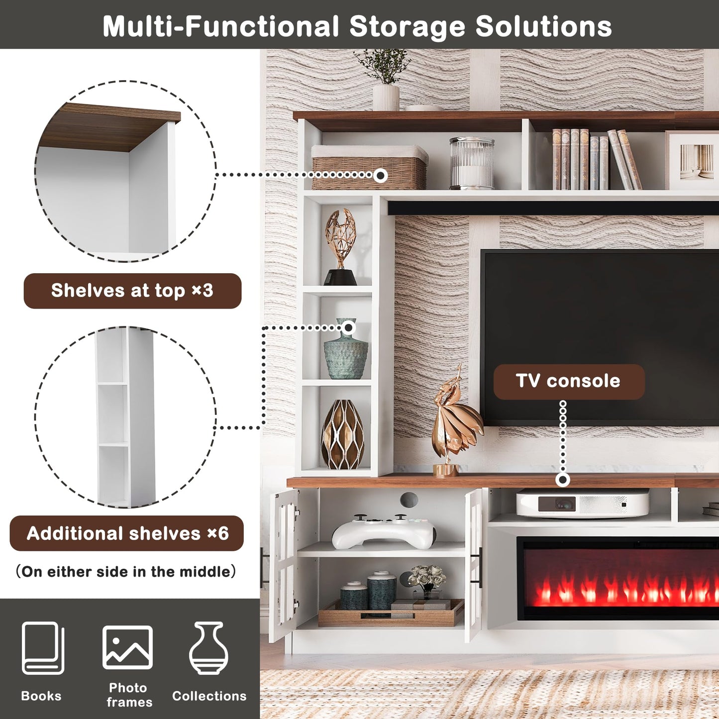 TUNGTAR Entertainment Center with Electric Fireplace, Solid Wood, Modern Farmhouse, for TVs up to 80", Glass Cabinet Doors, Adjustable Shelves, 95.5" W (White + Walnut)