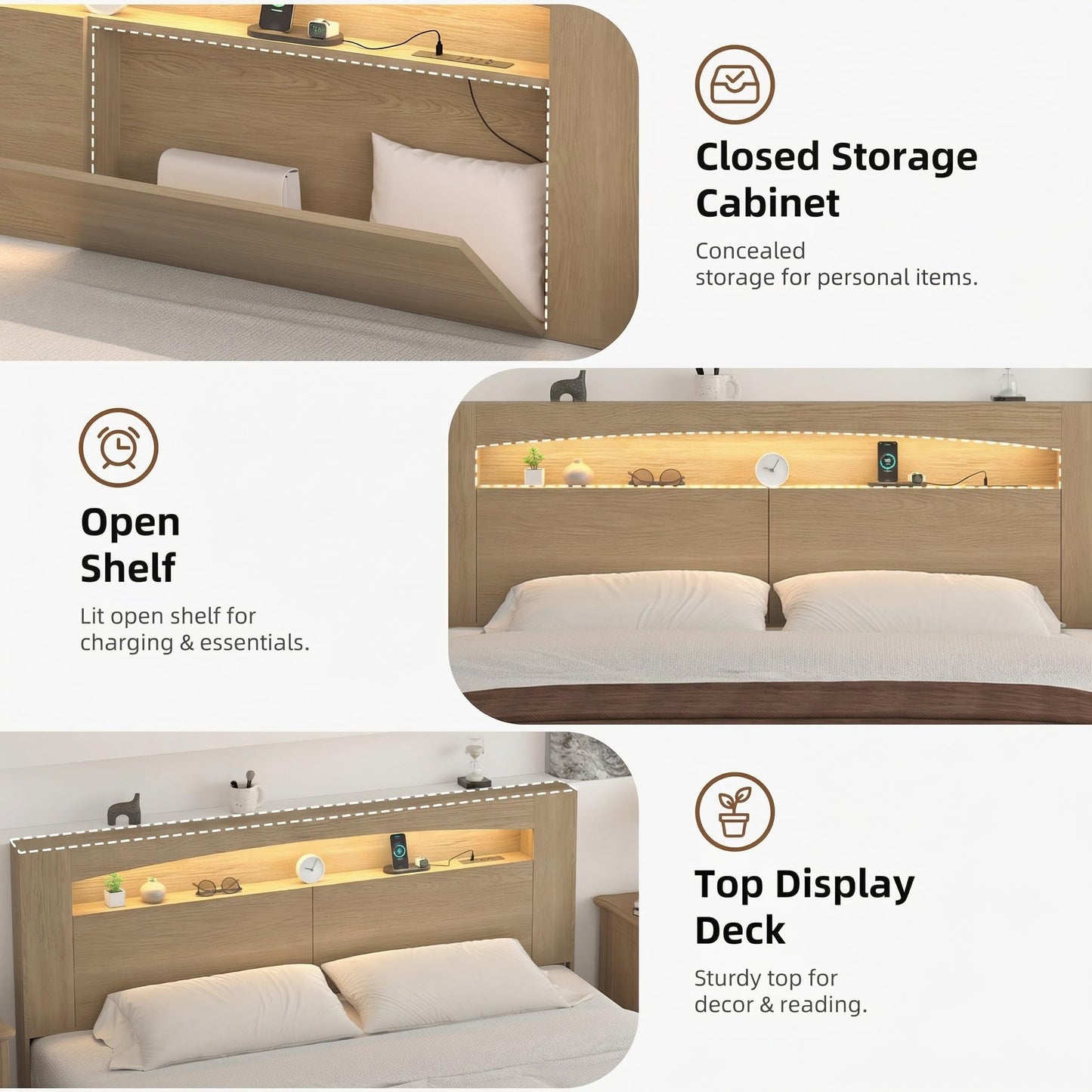 KATYGLORY King Size Headboard Only Modern Sturdy Wooden Bed Backboard Wall Mounted Head Board, 3 Storage Zones, Unique Skirting Groove, High Load Capacity with Solid Wood Leg (Oak, King)