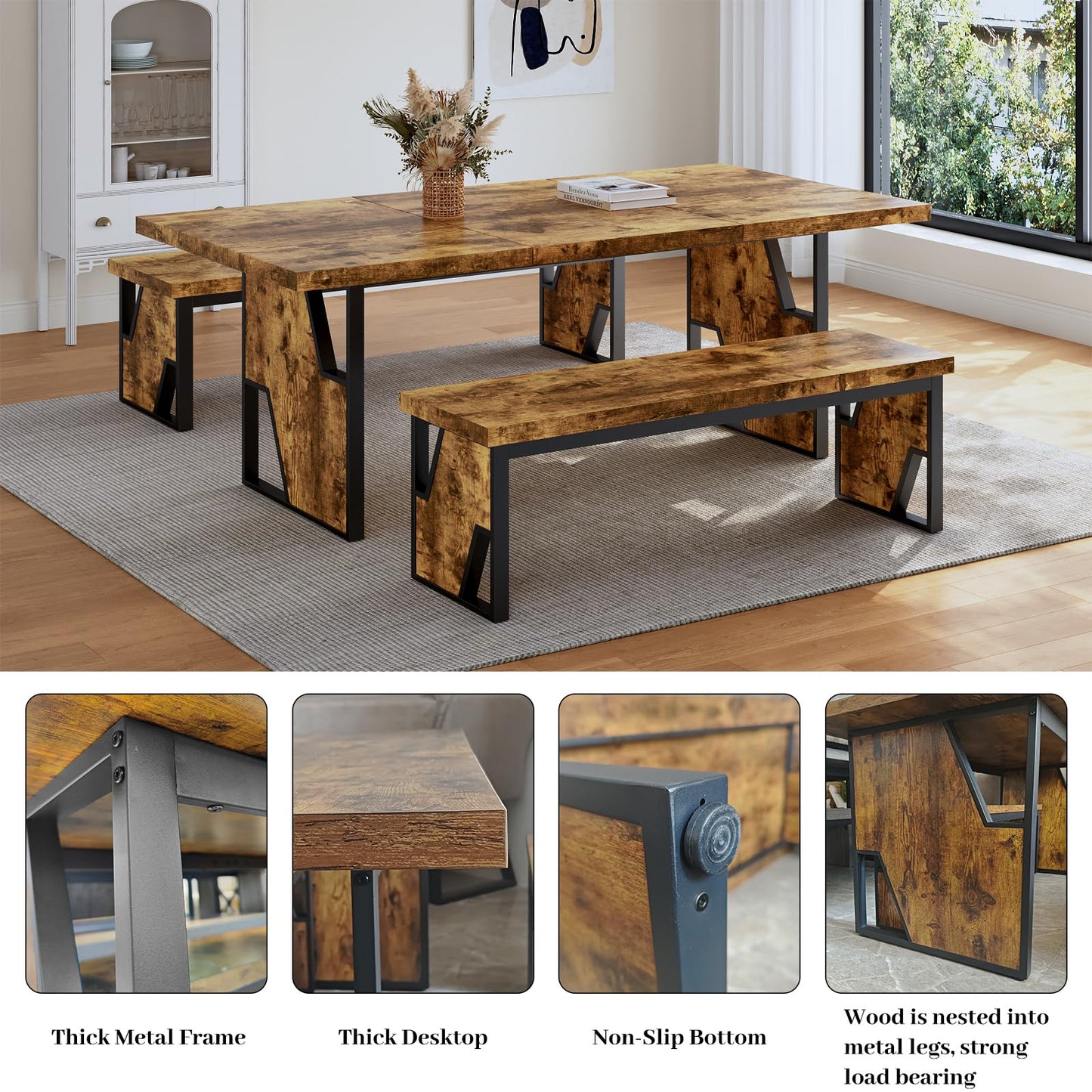 HIPIHOM 70.8" Wooden Dining Table with 2 Benches, Modern Kitchen Table and Chairs Set for 4-6 Person, Thickened MDF Wooden Table with Dining Bench for Living Dining Room, Kitchen, Office