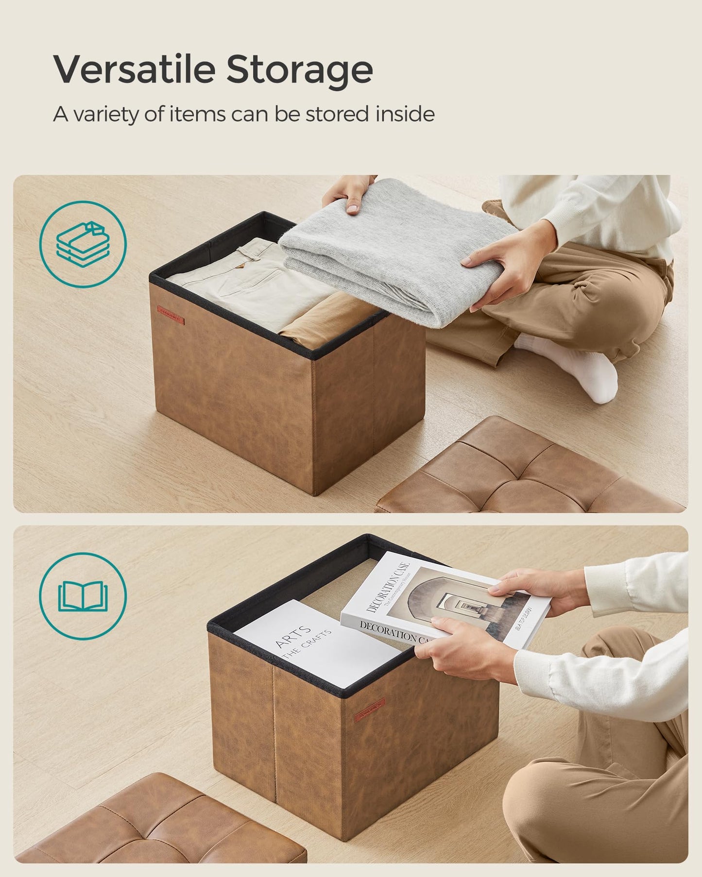 SONGMICS Small Folding Storage Ottoman, Foot Rest Stool, Cube Footrest, Synthetic Leather, 12.2 x 16.1 x 12.2 Inches, 286 lb Capacity, for Living Room, Bedroom, Dorm, Coffee Brown ULSF100K01