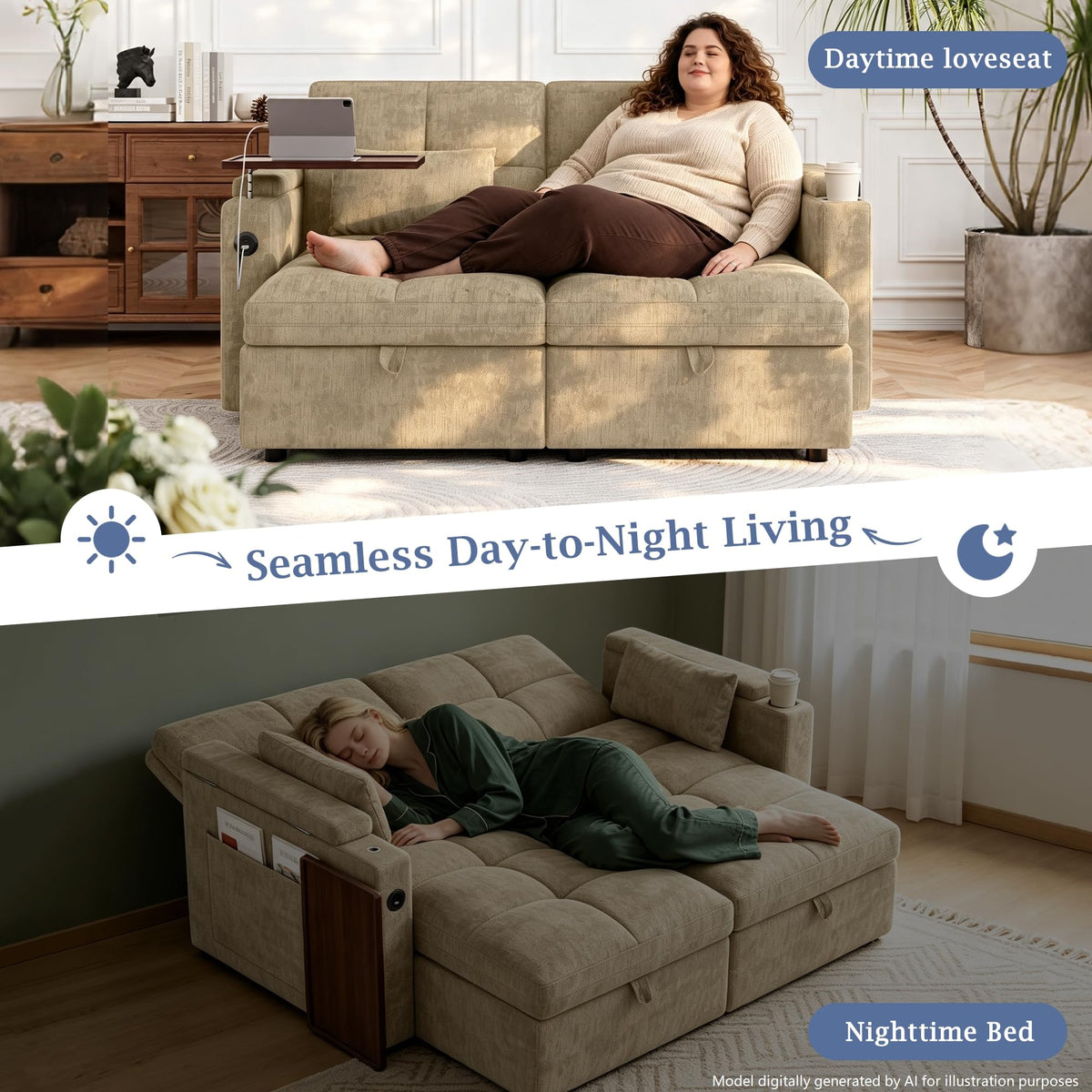 66.33'' Sleeper Sofa Bed Full Size, Convertible Couch for RVs, Taupe