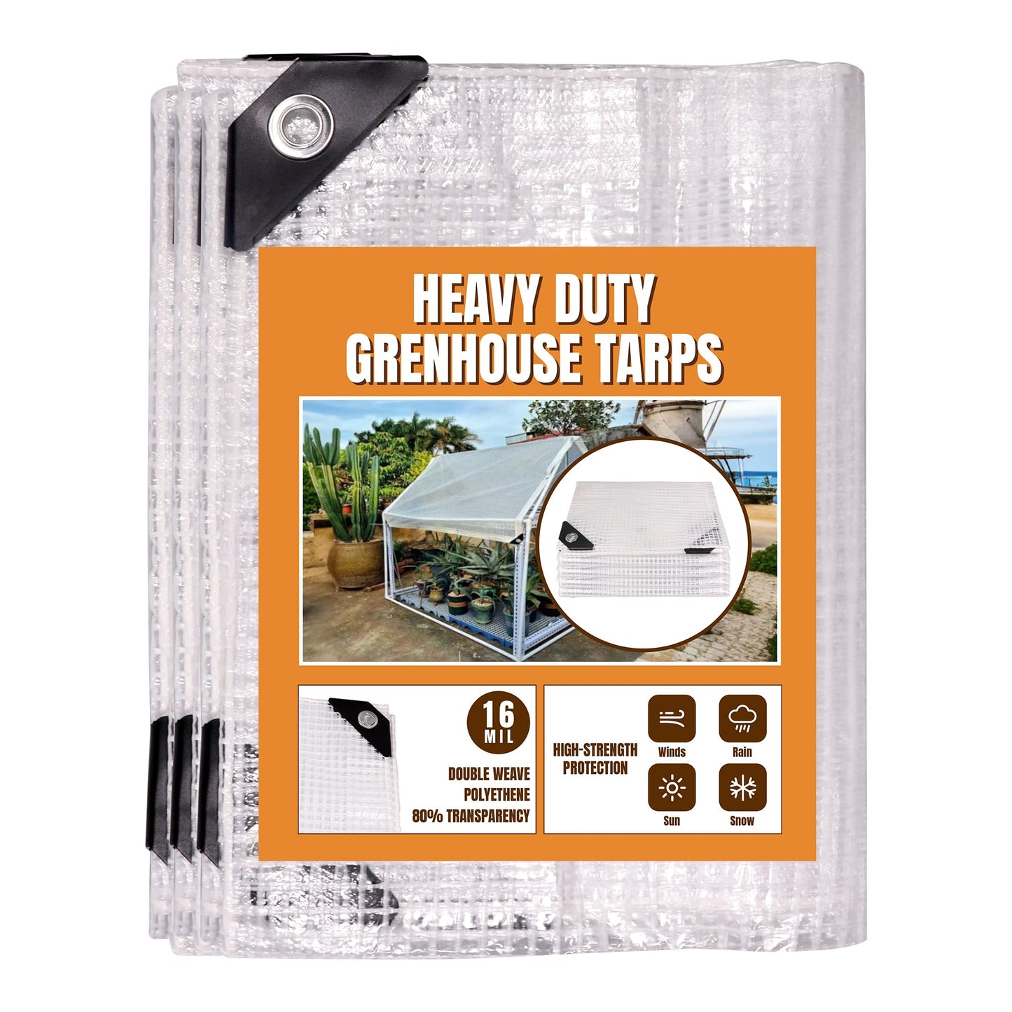 16Mil Greenhouse Cover, 14x18 FT Clear Heavy Duty Greenhouse Tarp, UV Resistant Waterproof Green House Plastic Covering with Grommets for Garden, Farms, Nursery (Cover-GRH-10X10FT)