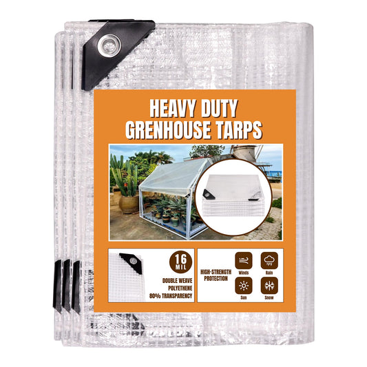 16Mil Greenhouse Cover, 14x18 FT Clear Heavy Duty Greenhouse Tarp, UV Resistant Waterproof Green House Plastic Covering with Grommets for Garden, Farms, Nursery (Cover-GRH-10X10FT)