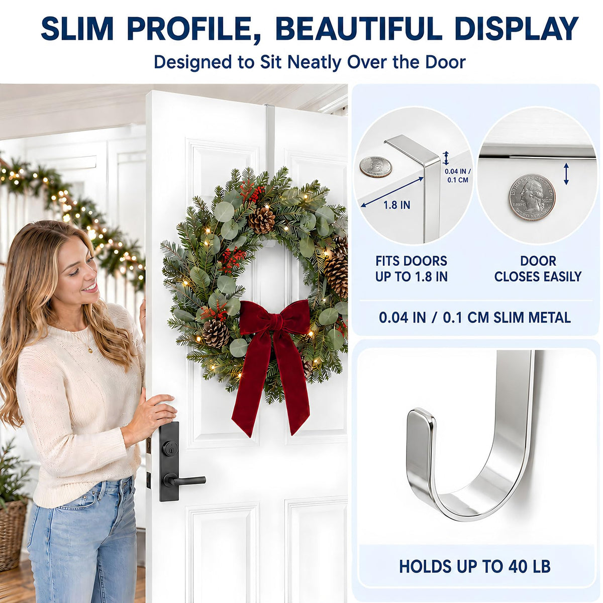 2 Pack Wreath Hangers for Front Door Christmas Decor, Over the Door Hooks