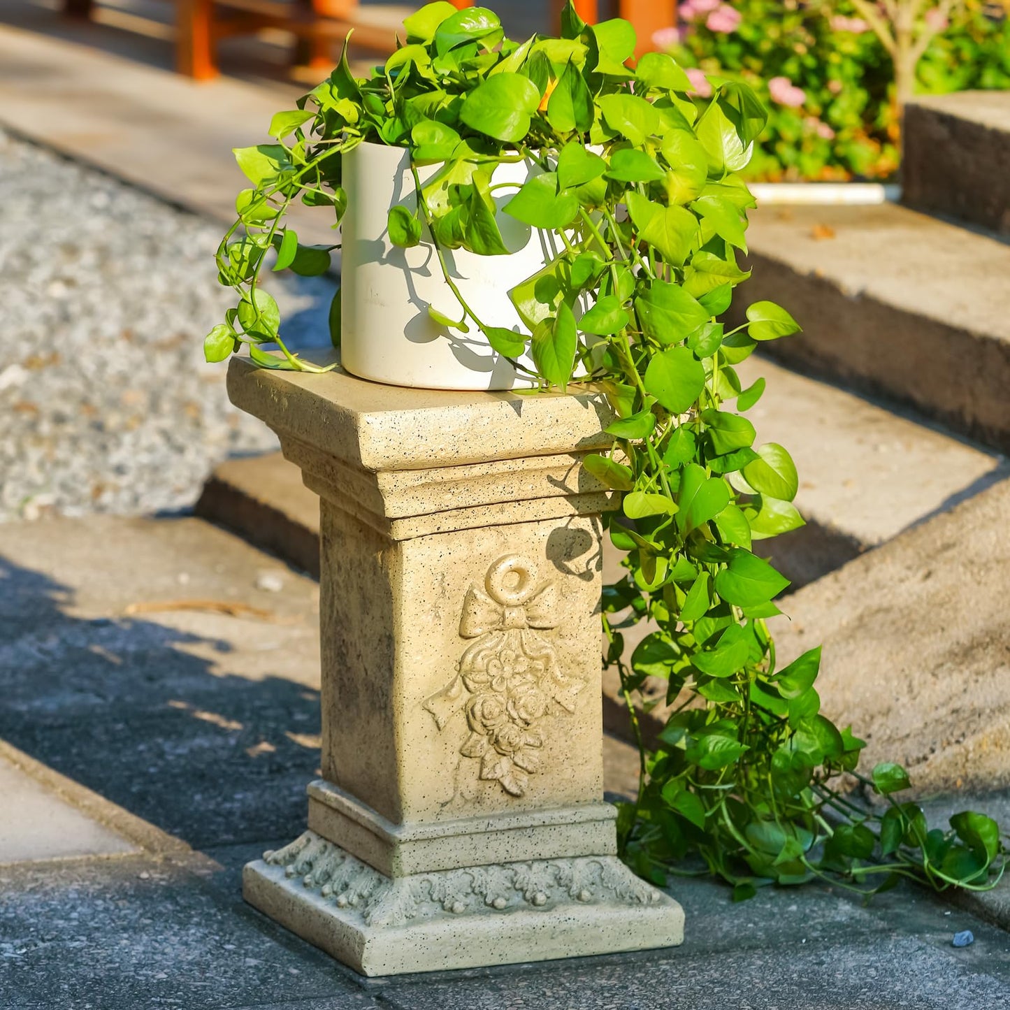 MOCOME 19" Tall Garden Pedestal Stand with Bow Design, Heavy Duty Magnesium Oxide Plinth, Weatherproof Outdoor Pedestal for Sculptures, Flower Pots, Decor – Sturdiness Plinth Base Statue Riser