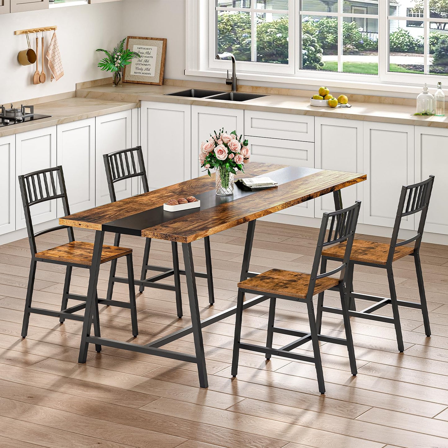 HOOBRO Dining Chairs Set of 2, Wooden Kitchen Chairs with Metal Frame, Industrial Dining Chairs with Back, Easy to Assemble, Farmhouse Dining Chairs for Living Room, Rustic Brown and Black BF39CD01