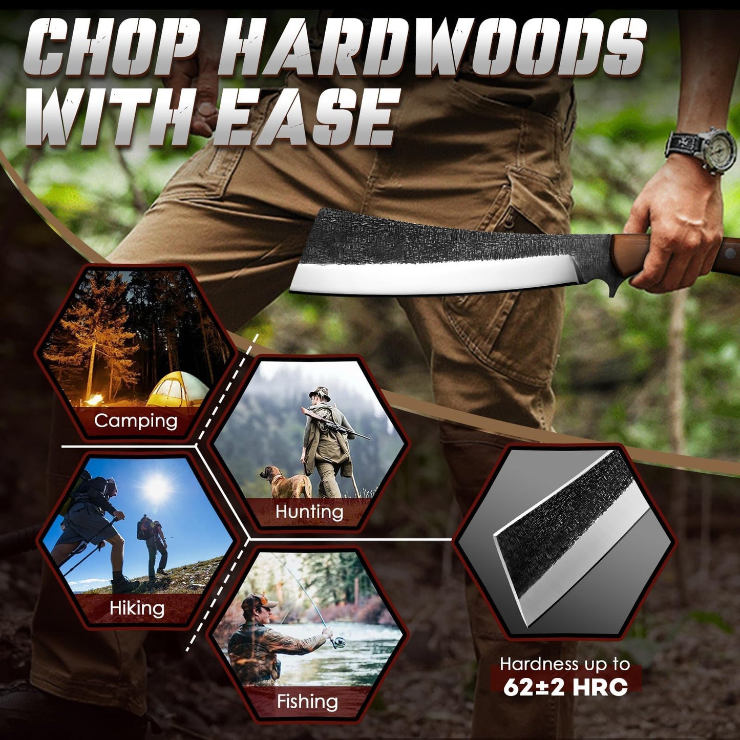 Freelander Japanese Style High Carbon Steel Machete with Red Sandalwood Ergonomic Full Tang Handle and Wood-Leather Sheath, for Camping, Hiking, Yard Work, and Survival, Gifts for Men Women