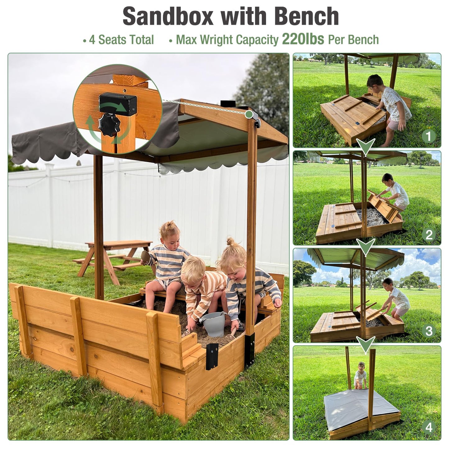 Gutinneen 47" Wooden Sandbox for Kids, Outdoor Sandbox with Adjustable Canopy & Retractable Cover, 2 Foldable Bench Seats with Backrest, UV-Resistant, Solid Wood with Sand Liner for Backyard