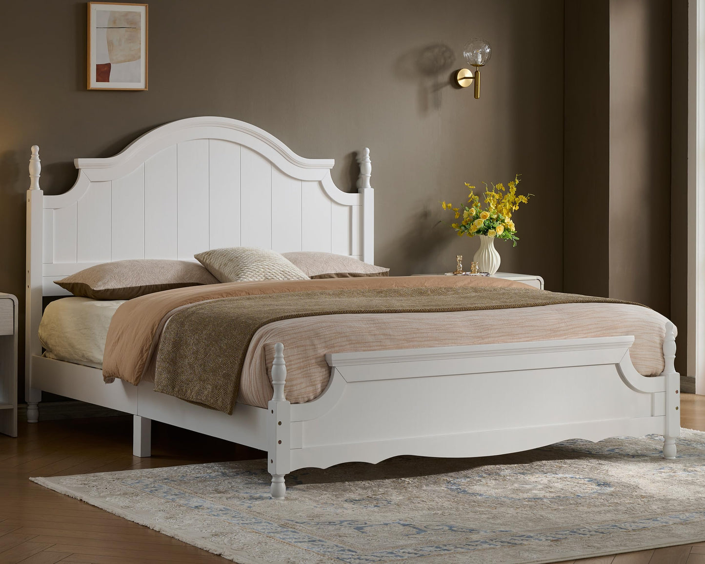 LUXOAK California King Solid Wood Poster Bed, 55" Arched Headboard, White