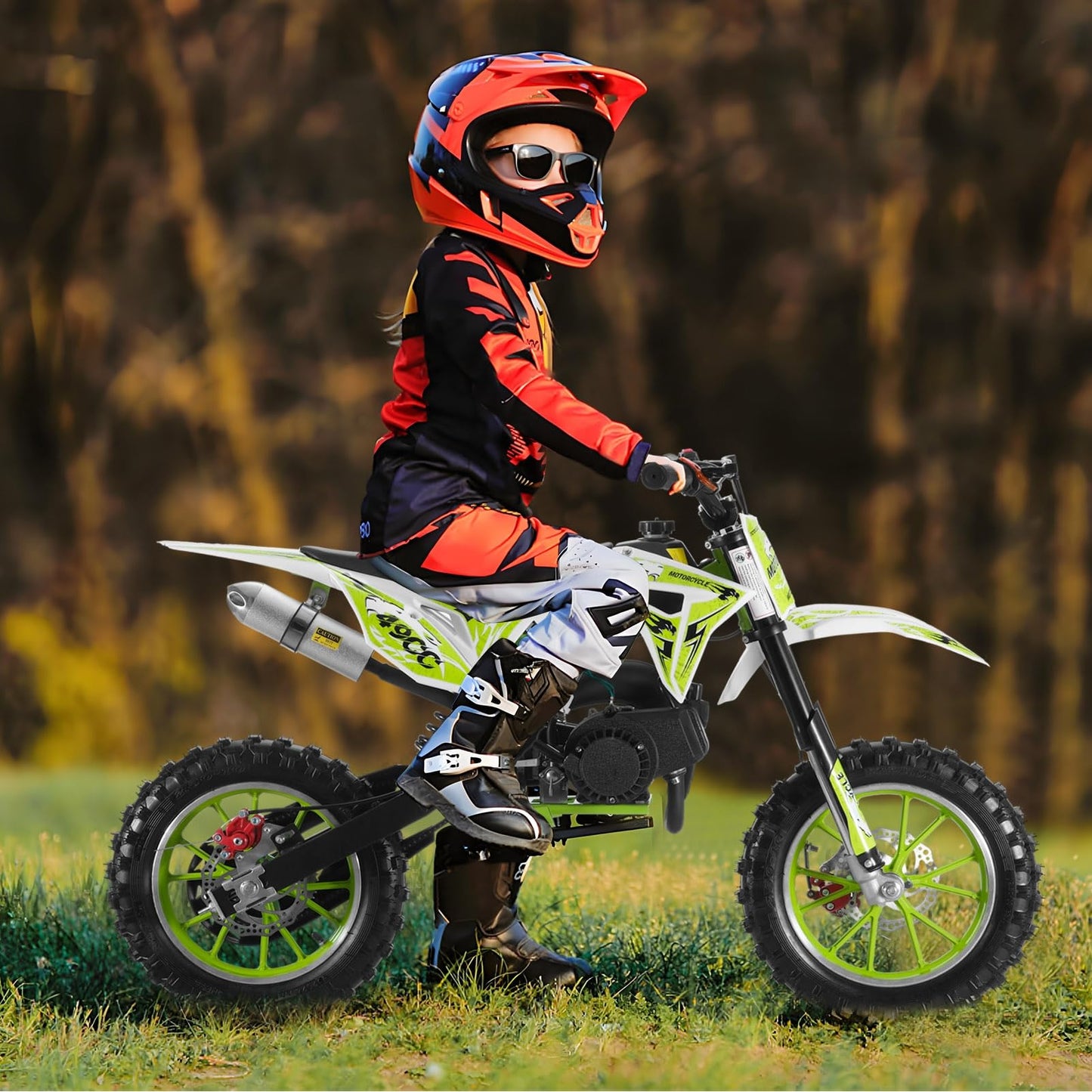 Upgraded 49cc Dirt Bike for Kids, Dirt Bikes 2-Stroke Dirtbike Dirtbikes motos, Gas Motorcycles with Front Rear Disc Brakes, Off-Road Tires, Shock Absorption, Soft Seat Cushion,40 MPH Green