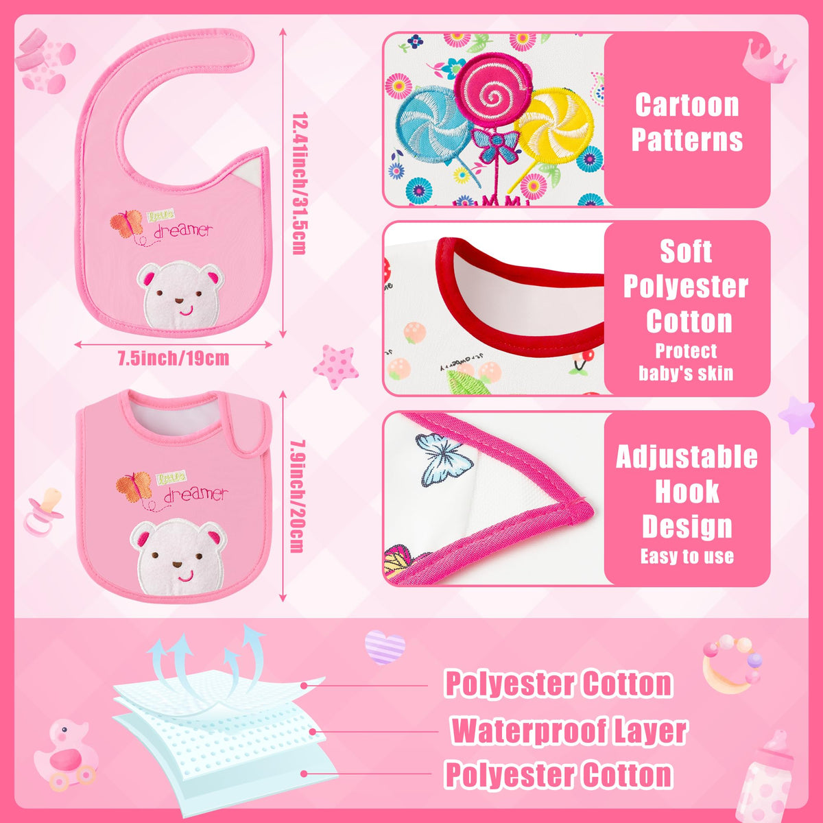 2ooya 24Pcs Cotton Waterproof Baby Bibs for Baby Girls Teething & Drooling