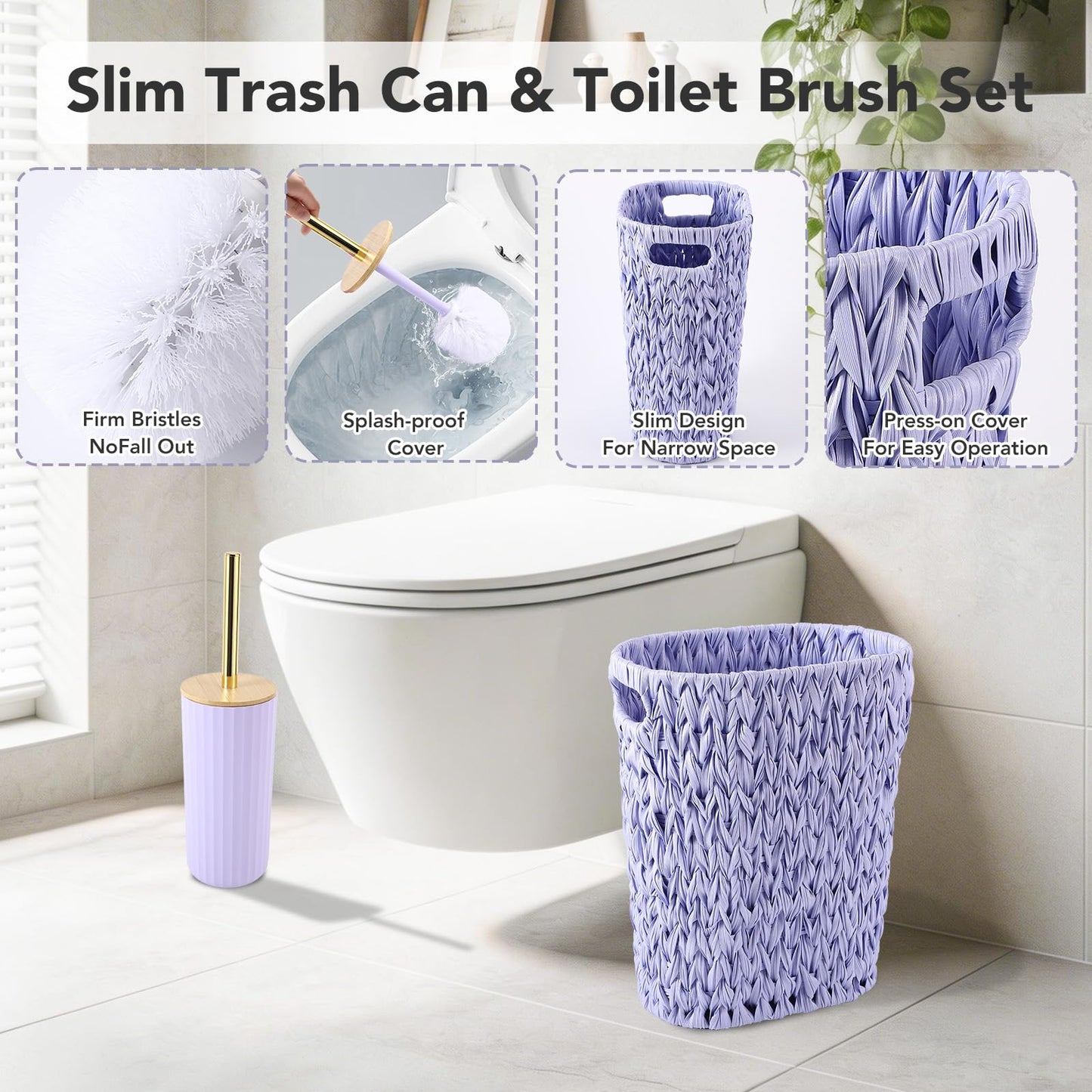 Bathroom Accessory Set, 10 Pieces Bath Set Purple 4 Gallon Wicker Trash Can