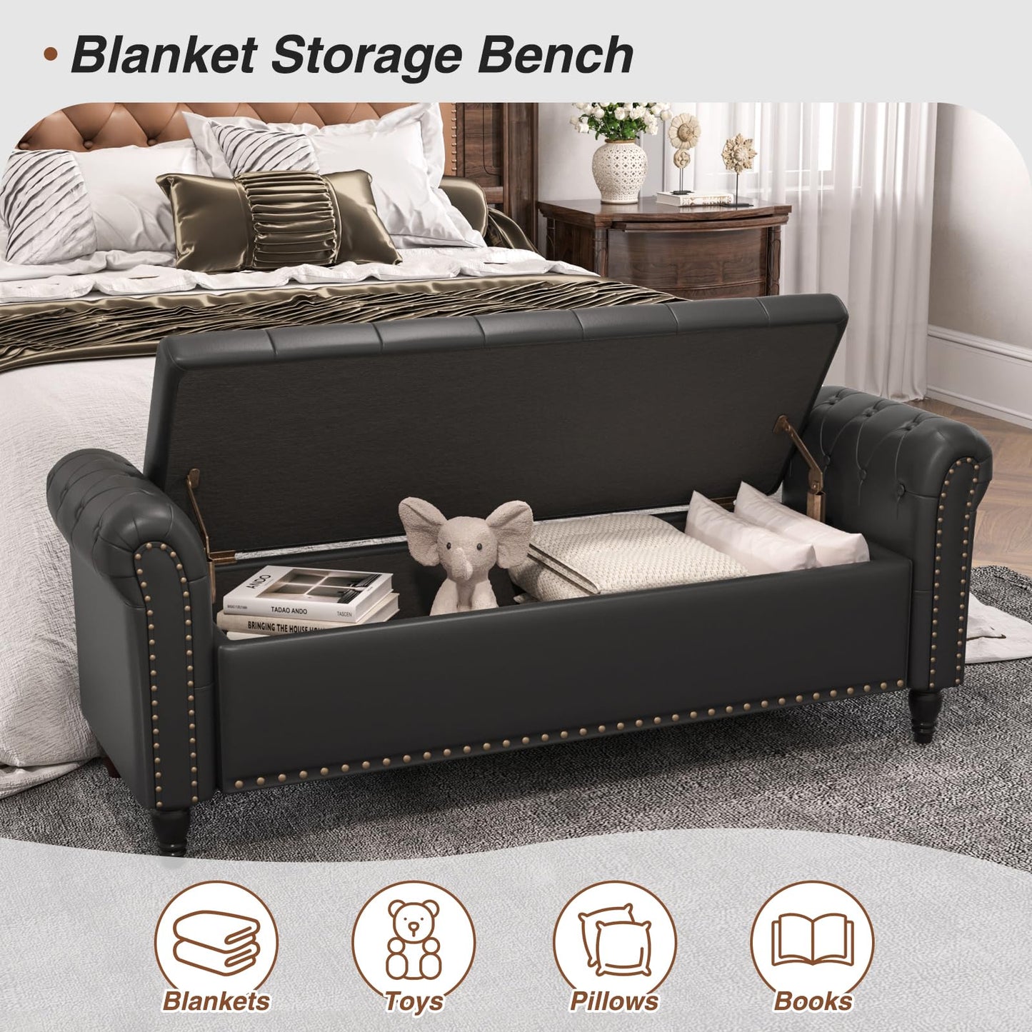 FiveWillowise 65" Bedroom Bench, End of Bed Bench with Storage, Black