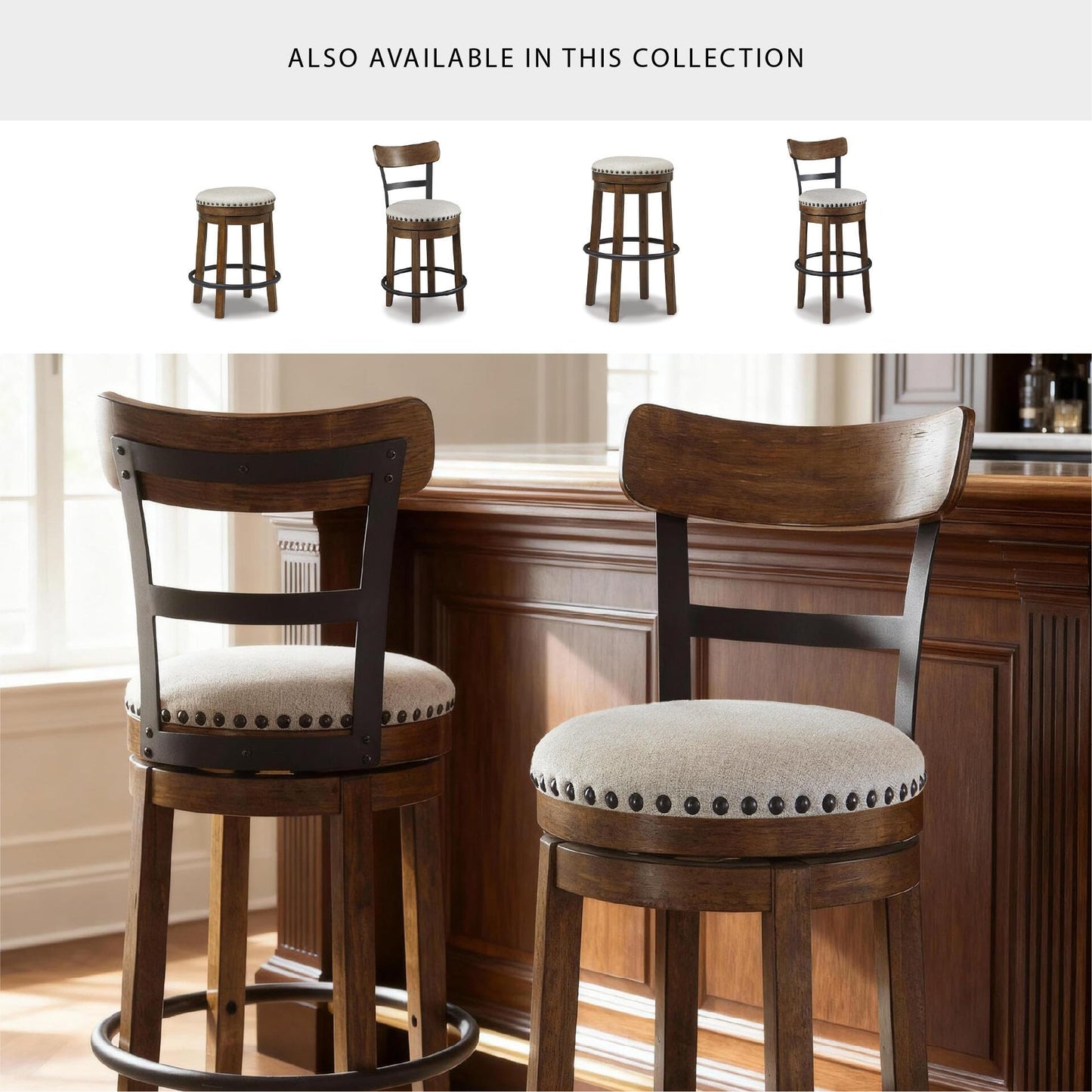 Signature Design by Ashley Valebeck Swivel Barstool With Back, Rustic-Industrial Wood and Metal, 360-Degree Swivel Counter Height Stool for Kitchen Island Seating, Linen Color