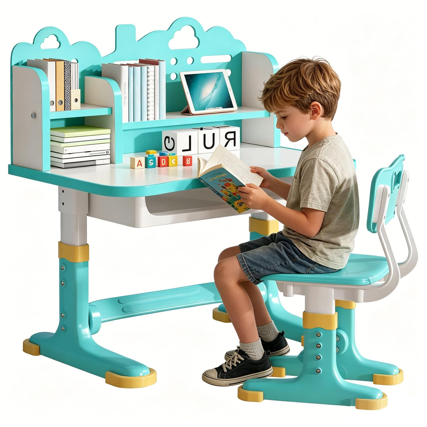 Kids Study Desk and Chair Set - Height Adjustable Study Writing Table with Bookstand and Storage Drawer, Child School Study Writing Table Ergonomic Widened Desktop Art Desk for Boy & Girl (Cyan)