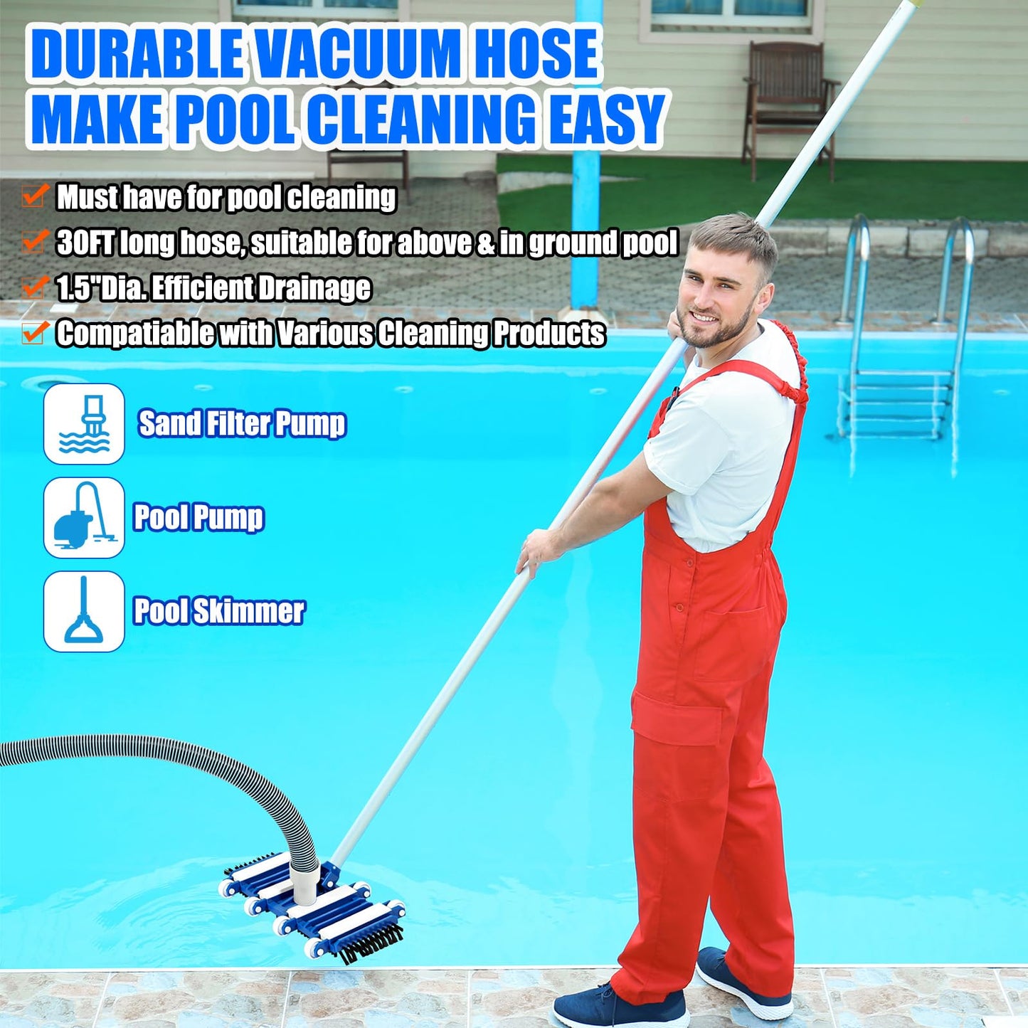 Innconee 3 Pcs Pool Cleaning Kit Swimming Pool Vacuum Head Hoses 1-1/2" x 30ft with Swivel Wheel Vacuum Head and 14 '' Brush for Inground & Above Ground Pools Spas Ponds Cleaning Manual(with Bristles)